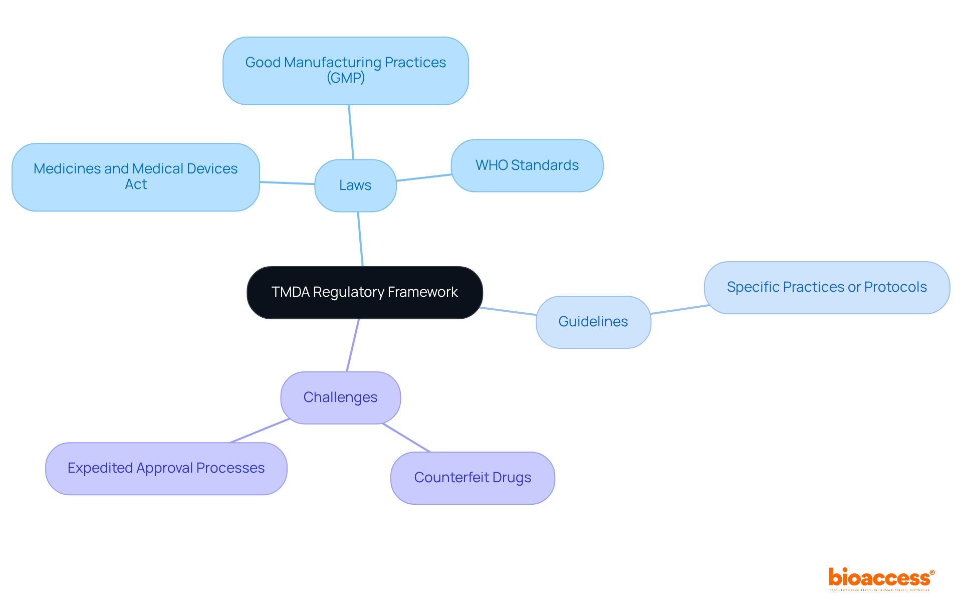 The central node represents the TMDA framework, while branches detail the laws and guidelines that influence it. Each color-coded branch helps identify key areas of focus and their respective challenges. The central node represents the TMDA framework, while branches detail the laws and guidelines that influence it. Each color-coded branch helps identify key areas of focus and their respective challenges.