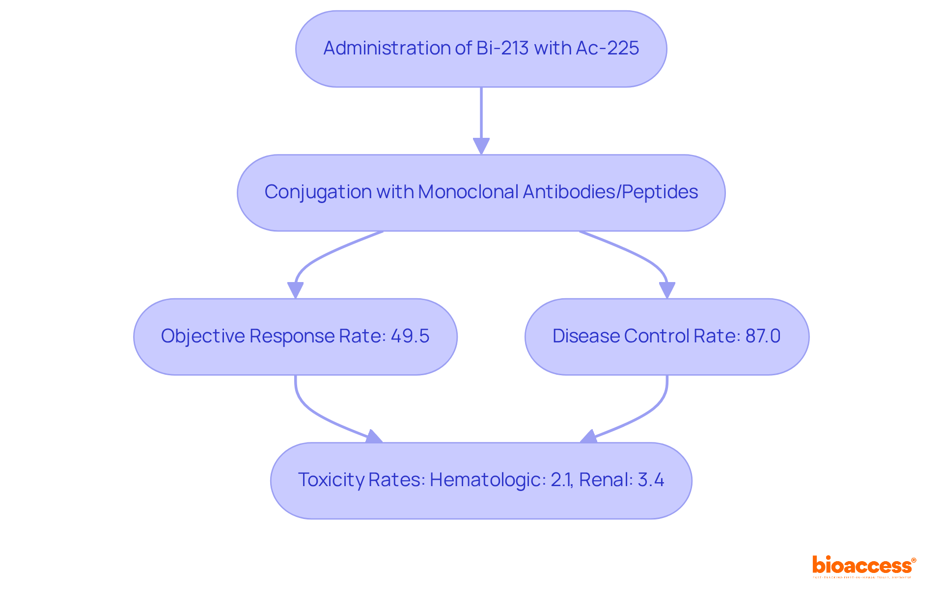 Follow the arrows to see how Bismuth-213 is administered and its effects on patient outcomes. The percentages highlight the success rates, while the toxicity rates provide insights into safety. Follow the arrows to see how Bismuth-213 is administered and its effects on patient outcomes. The percentages highlight the success rates, while the toxicity rates provide insights into safety.