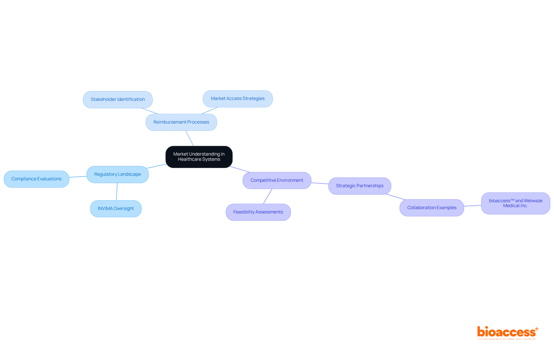 The center represents the primary goal of understanding healthcare systems, with branches illustrating key categories and actions that contribute to effective market access strategies. The center represents the primary goal of understanding healthcare systems, with branches illustrating key categories and actions that contribute to effective market access strategies.