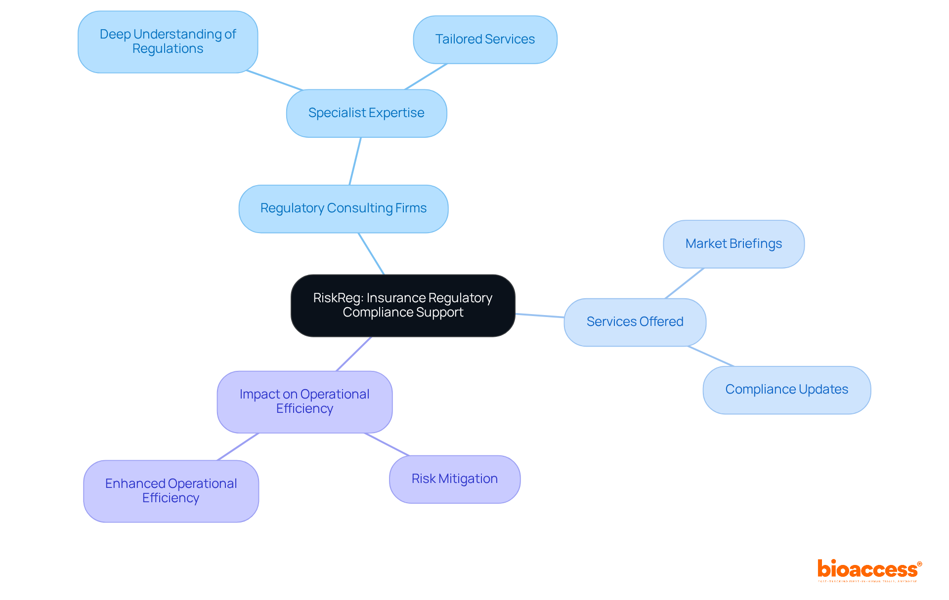The central node represents RiskReg's focus, while branches show how they support insurance firms through consulting, services, and the positive effects on compliance and operations. The central node represents RiskReg's focus, while branches show how they support insurance firms through consulting, services, and the positive effects on compliance and operations.