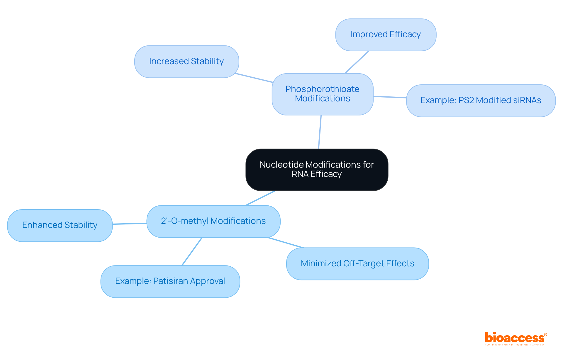 The central idea is the importance of nucleotide modifications in RNA treatments. Branches illustrate different types of modifications and their specific benefits, helping you understand how each contributes to improved efficacy. The central idea is the importance of nucleotide modifications in RNA treatments. Branches illustrate different types of modifications and their specific benefits, helping you understand how each contributes to improved efficacy.