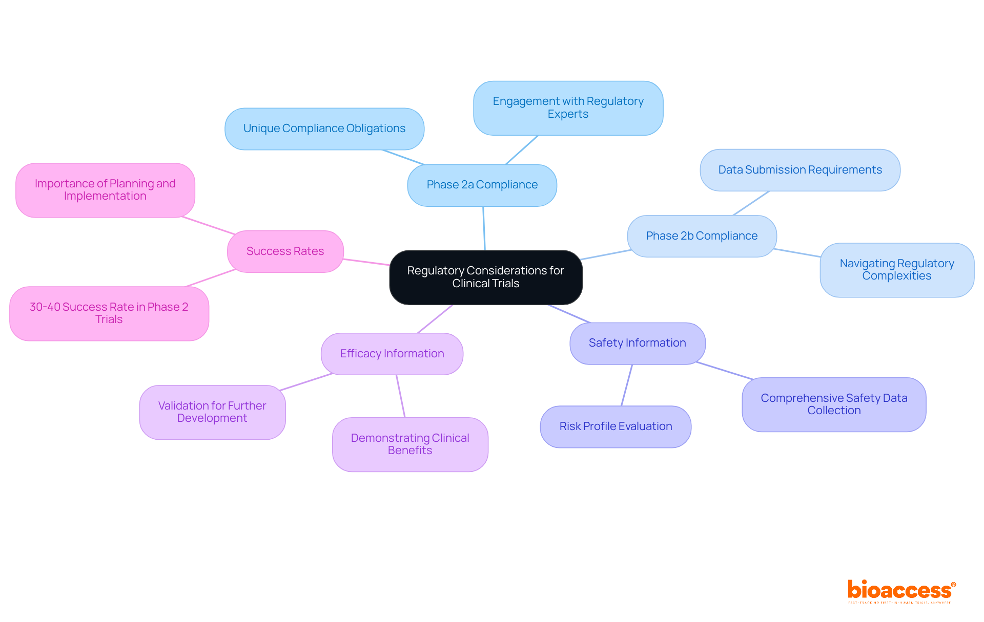 The central node represents the overall theme of regulatory considerations, while branches illustrate specific areas of focus and their interconnections, helping to visualize the complexities involved in clinical trial phases 2a and 2b.