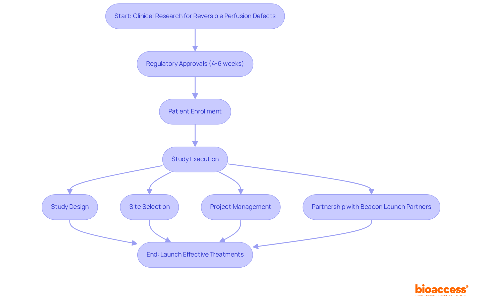 Follow the arrows to see how bioaccess® speeds up clinical trials — from getting approvals to launching effective treatments. Each box represents a stage or service in the process.