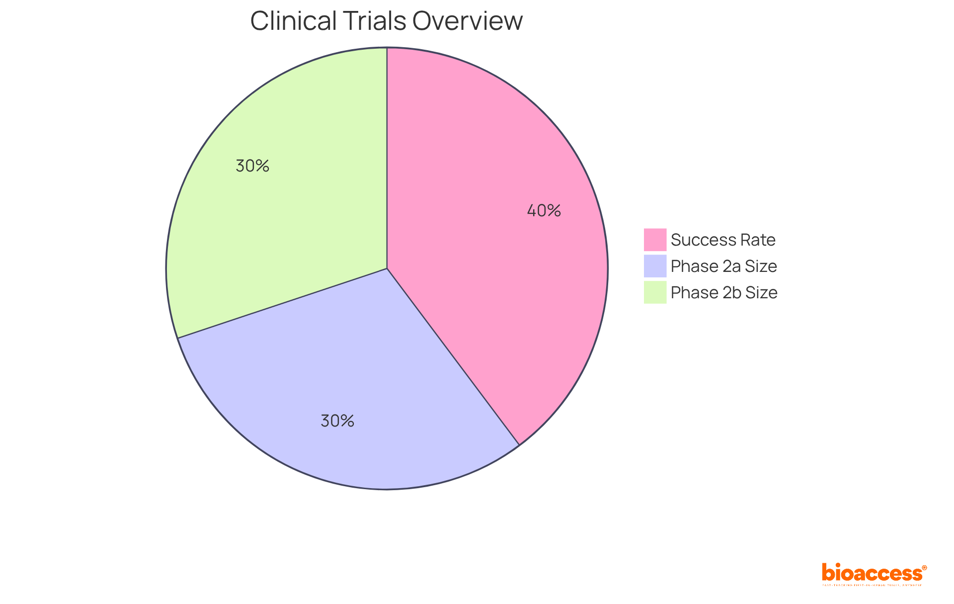 Each segment of the pie chart shows different aspects of clinical trials: the sizes of participant groups in Phase 2a and Phase 2b trials, and the percentage of medications that advance to the next phase. The bigger the segment, the more significant that aspect is in the context of clinical trial success.