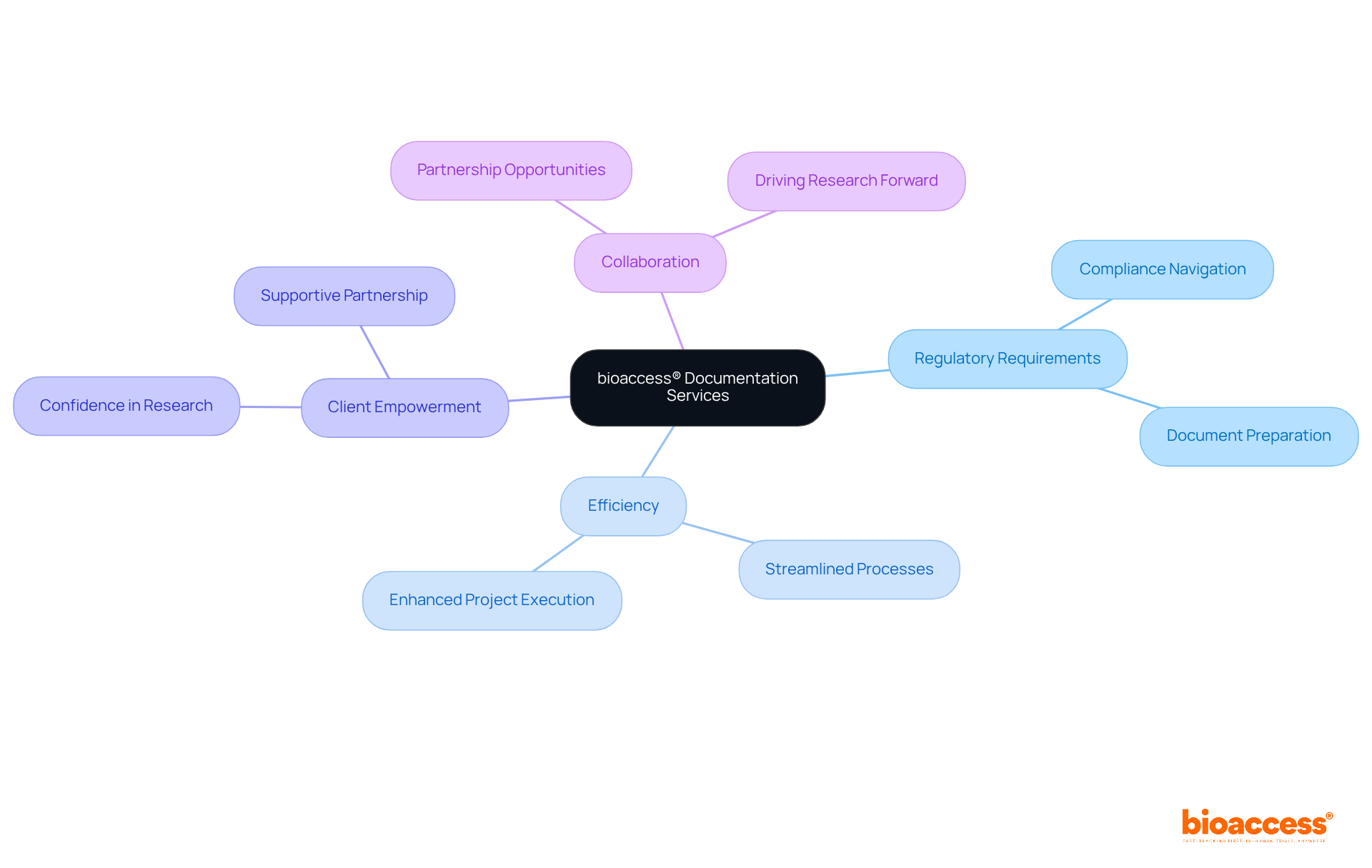 The central node represents bioaccess®'s services, with branches showing how these services relate to different aspects of clinical trials. Each branch highlights an important area, helping you see how documentation supports research success. The central node represents bioaccess®'s services, with branches showing how these services relate to different aspects of clinical trials. Each branch highlights an important area, helping you see how documentation supports research success.