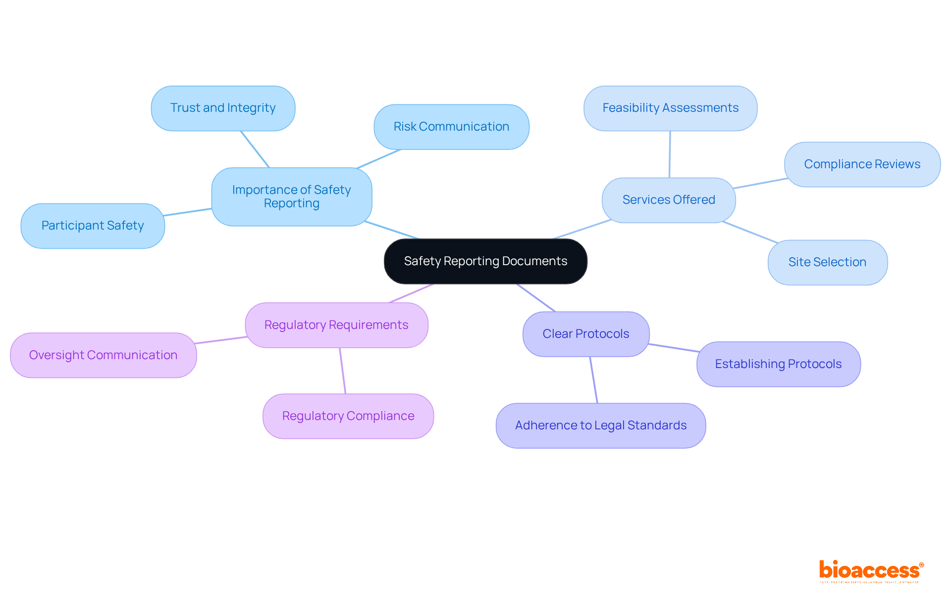 The central node represents the core topic of safety reporting, with branches showing essential services and considerations that support participant safety and compliance. The central node represents the core topic of safety reporting, with branches showing essential services and considerations that support participant safety and compliance.