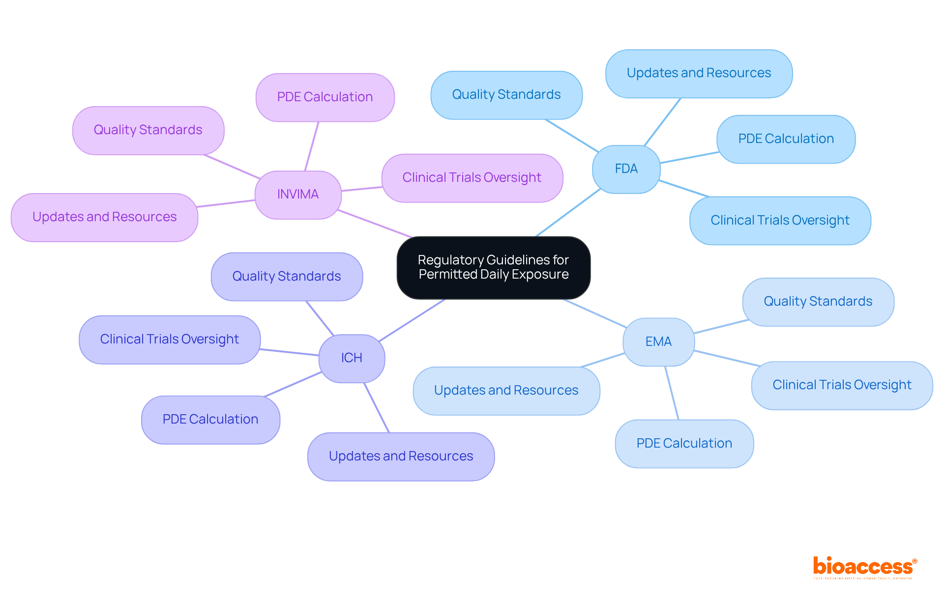 Start at the center with the main topic of regulatory guidelines. Follow the branches to see each regulatory body and their specific roles and contributions towards ensuring safety and efficacy in research. Start at the center with the main topic of regulatory guidelines. Follow the branches to see each regulatory body and their specific roles and contributions towards ensuring safety and efficacy in research.