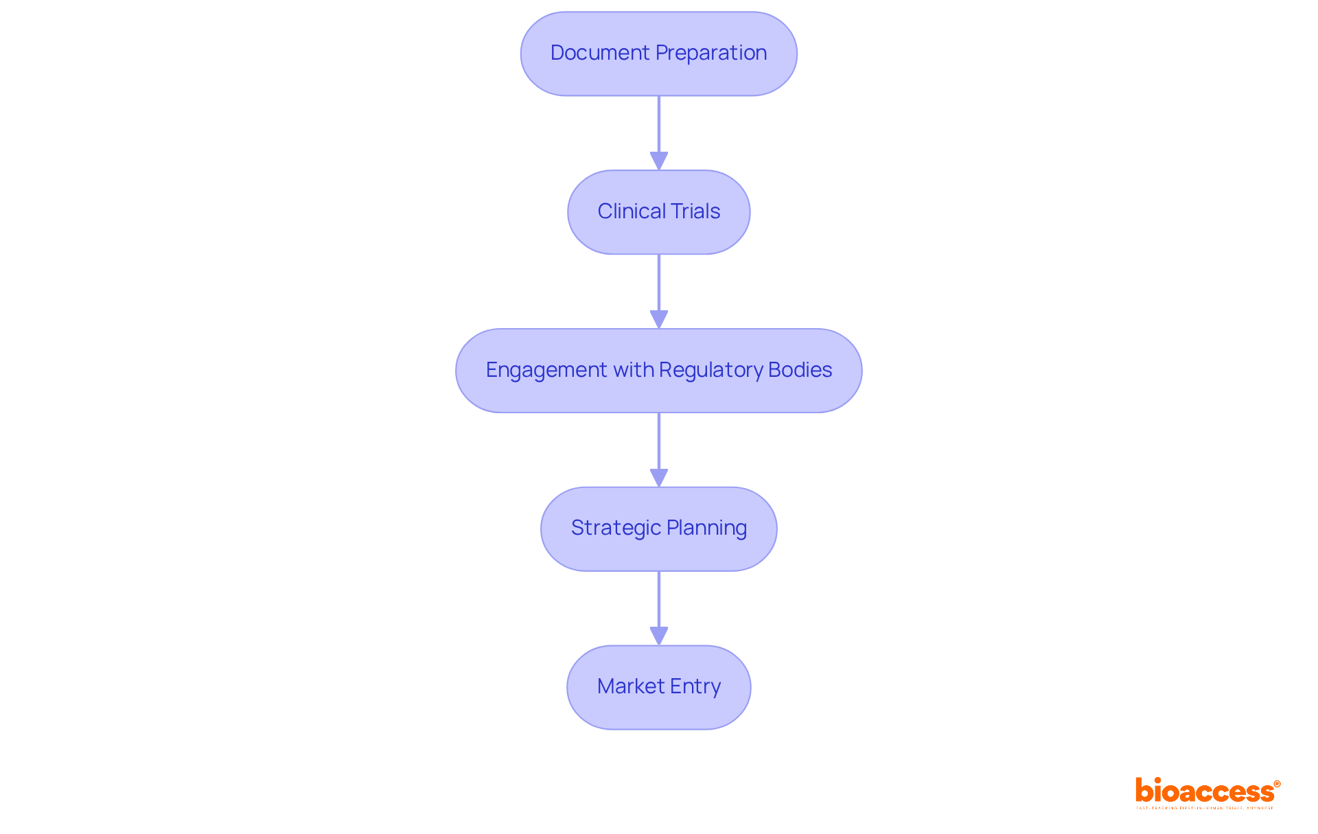 Each box in the flowchart represents a step in gaining regulatory approval, leading you through the necessary actions to successfully enter the market. Follow the arrows to understand the order of operations.