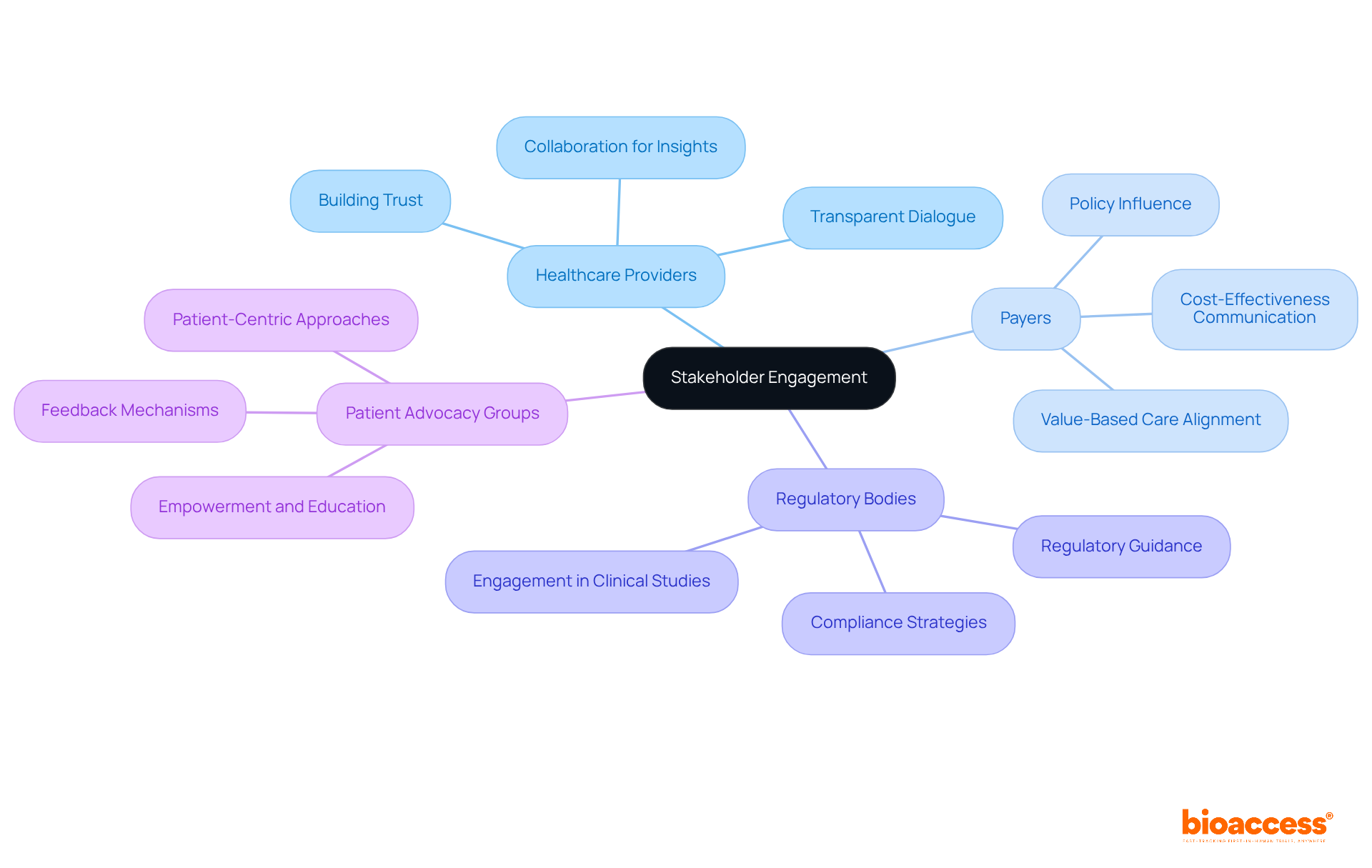 The center represents the main theme of engagement, while the branches show the different stakeholder groups involved. Each sub-point provides insights into how these relationships can be developed and their significance.