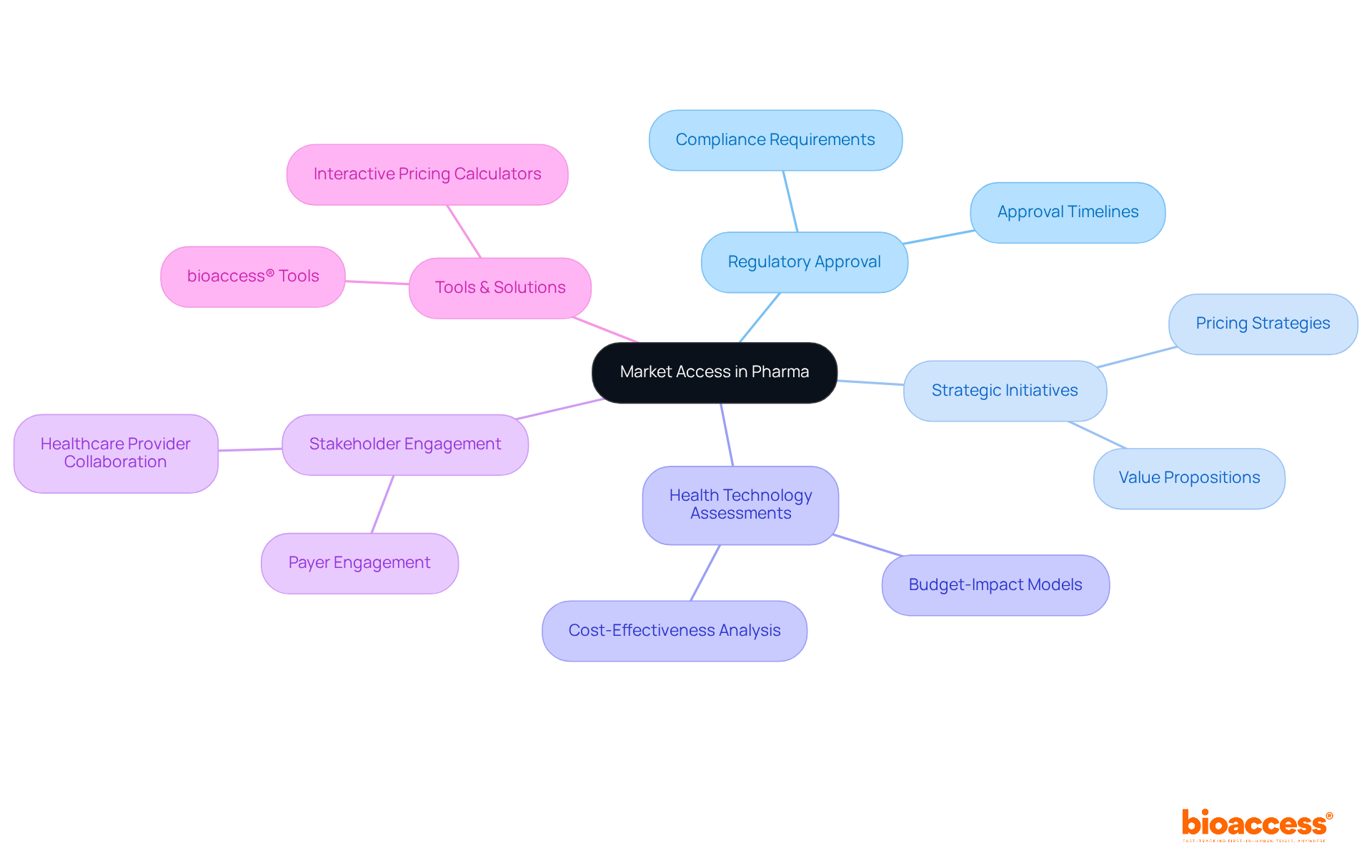 The center node represents the concept of market access, with branches illustrating the different strategies and actions that contribute to it. Follow the branches to see how various elements connect and support the overall market access strategy.