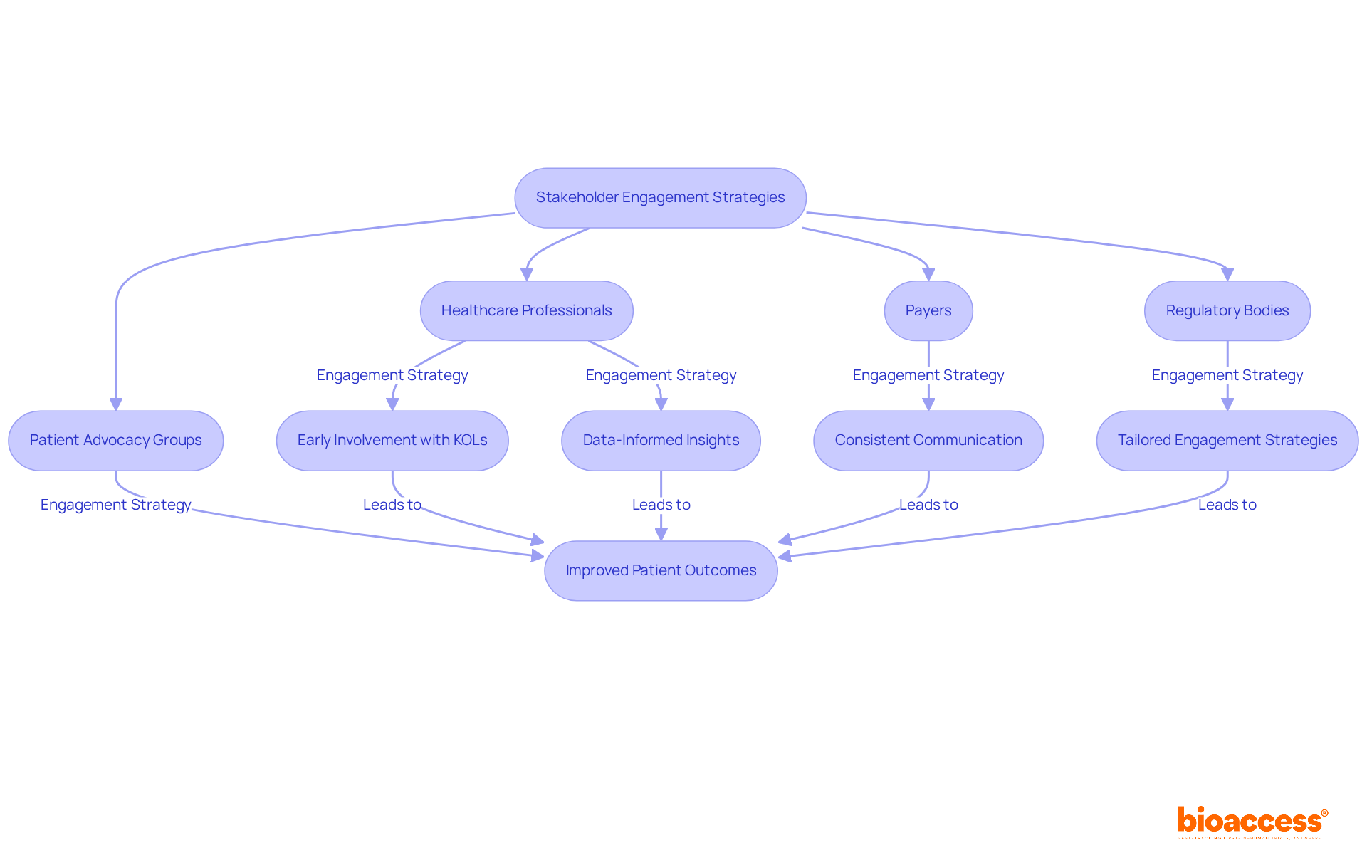 The chart illustrates the steps taken to engage with different stakeholders and how these actions can lead to successful market access and better patient outcomes. Each box shows an important group and the strategies to connect with them, highlighting the flow of engagement.