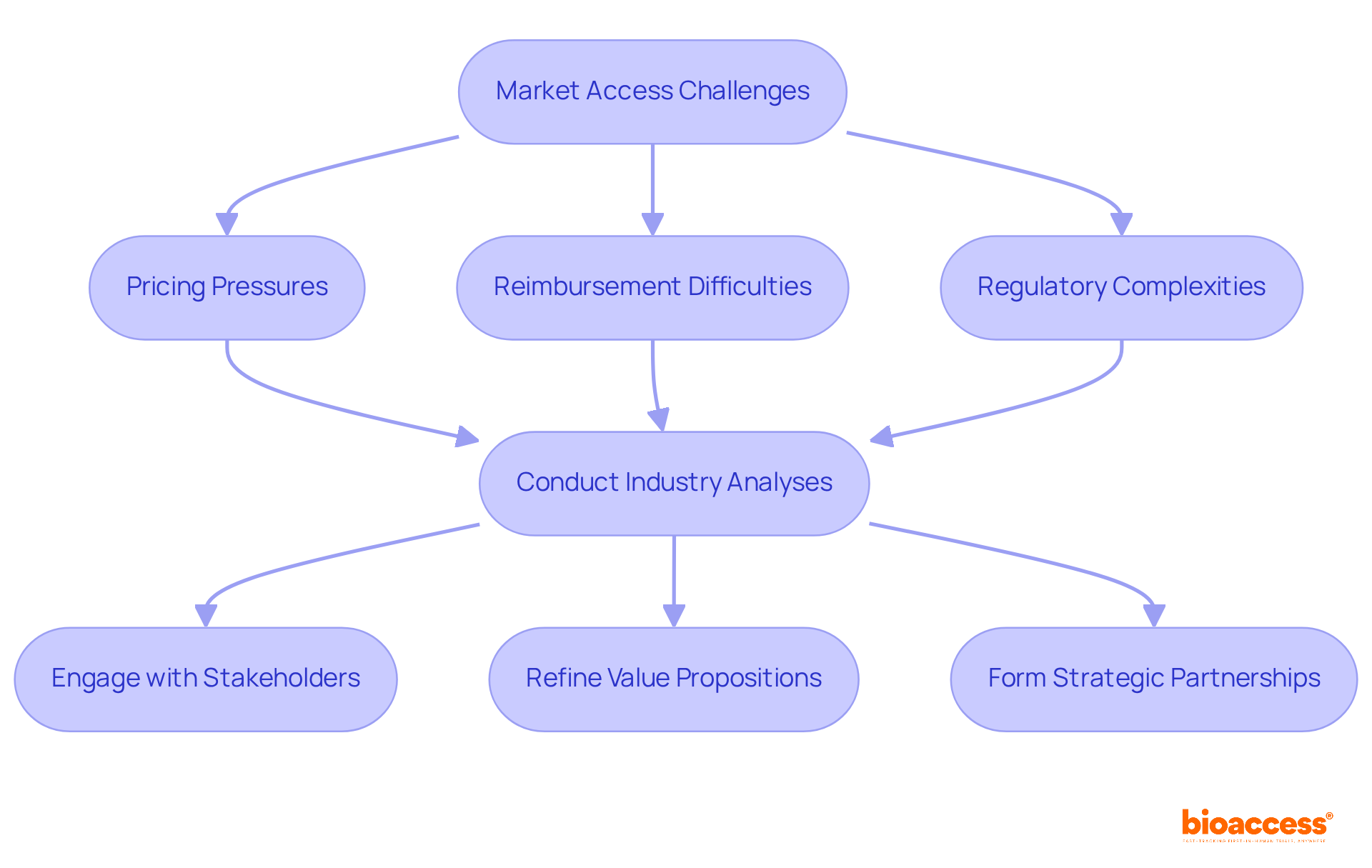 This flowchart shows the key challenges in market access and the steps companies can take to overcome them. Follow the arrows to see how each challenge leads to necessary actions for success.