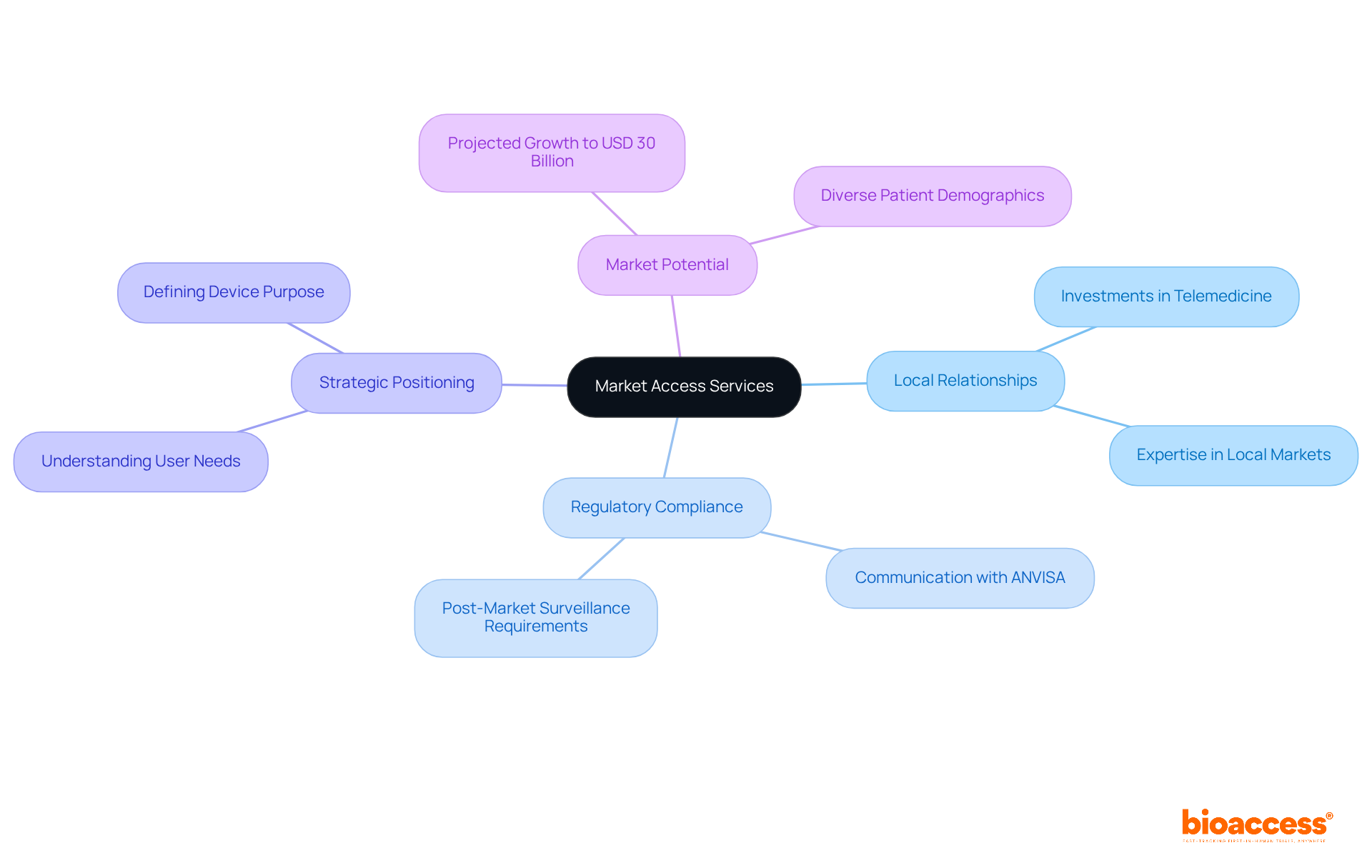 Start at the center with 'Market Access Services', then explore how local relationships, regulatory compliance, and strategic positioning play roles in accessing the healthcare market. Each branch helps you see the key factors that contribute to success in this evolving landscape.