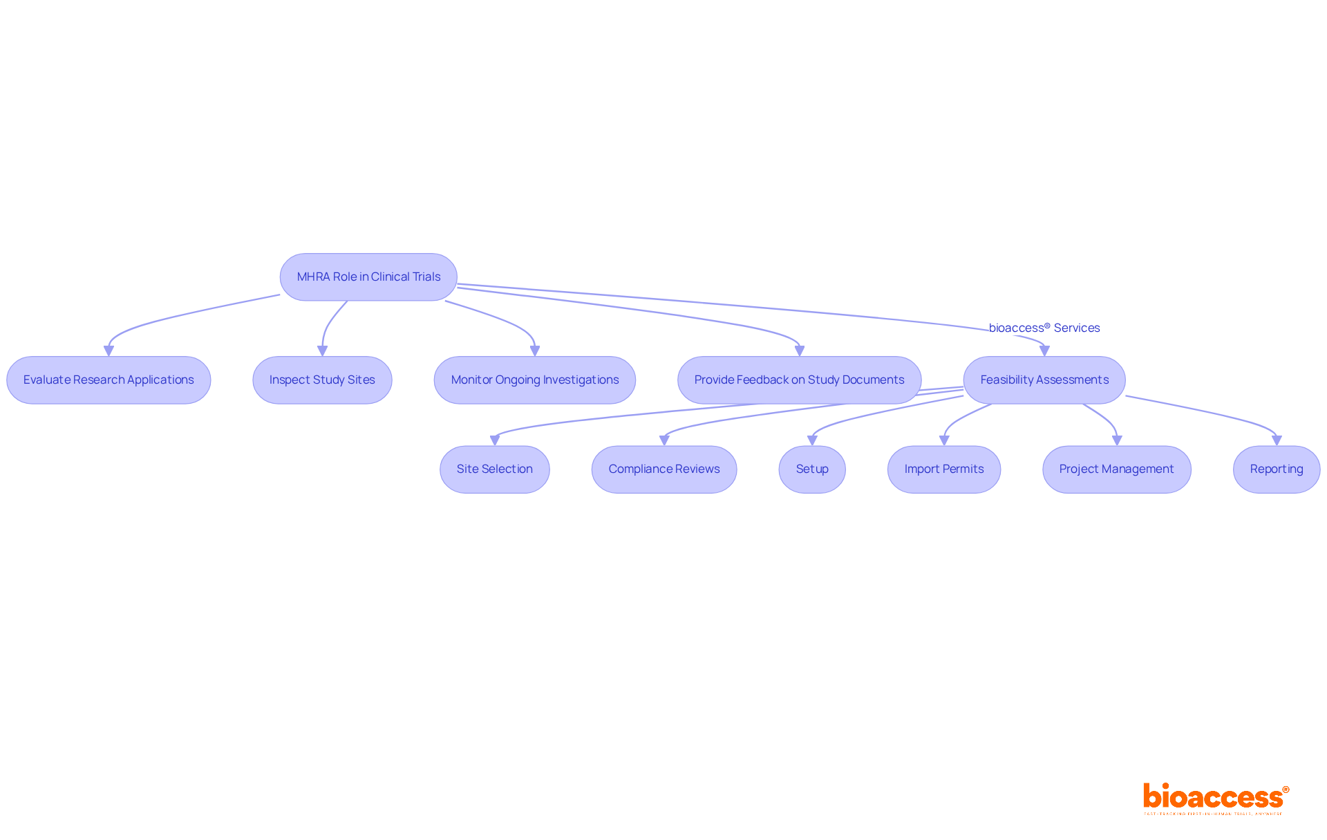 Each box outlines a specific action or service related to clinical trials. Follow the arrows to see how the MHRA oversees studies and how bioaccess® supports researchers. Each box outlines a specific action or service related to clinical trials. Follow the arrows to see how the MHRA oversees studies and how bioaccess® supports researchers.
