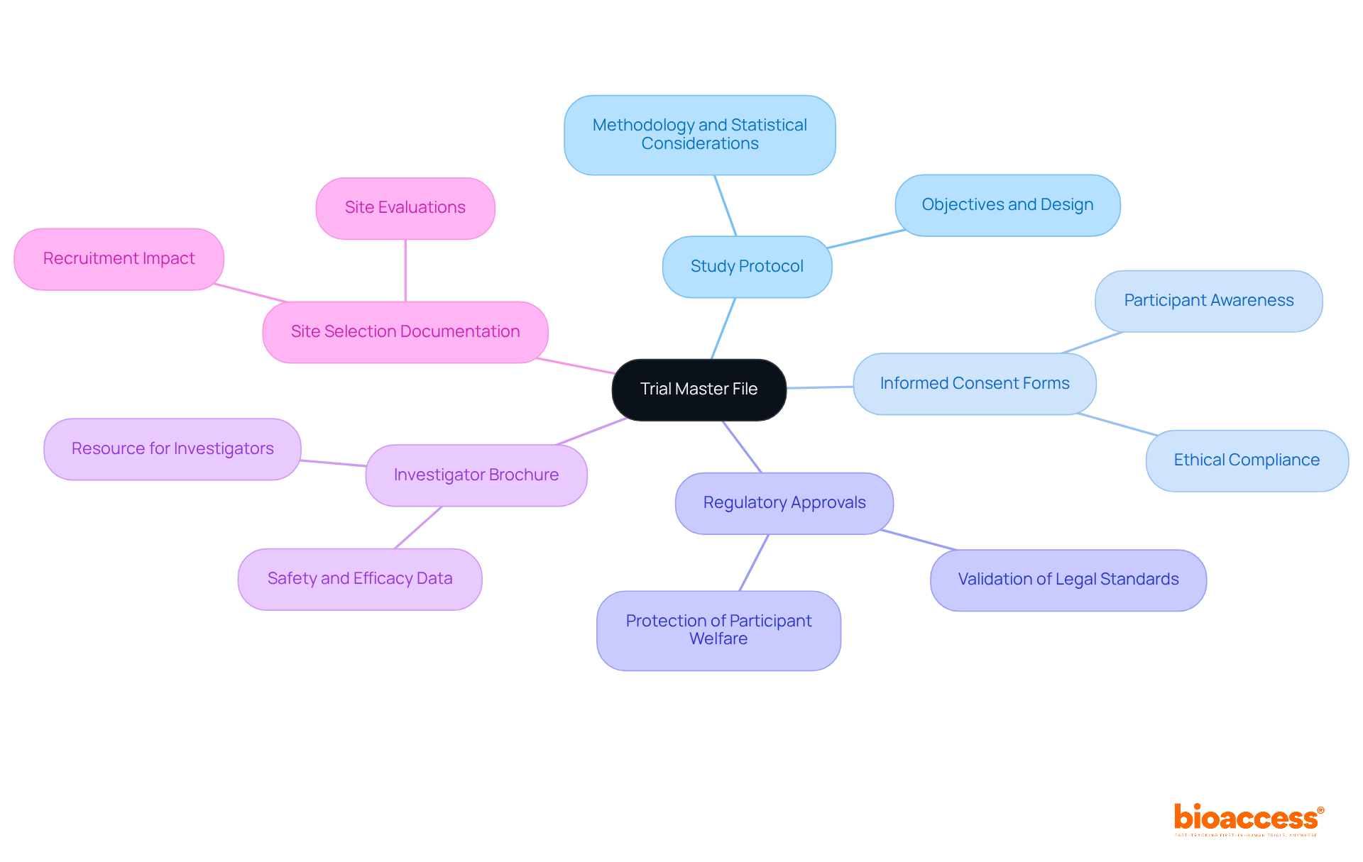 The center shows the Trial Master File, and each branch represents an essential document. The descriptions next to each branch explain why these documents are important for clinical trials. The center shows the Trial Master File, and each branch represents an essential document. The descriptions next to each branch explain why these documents are important for clinical trials.