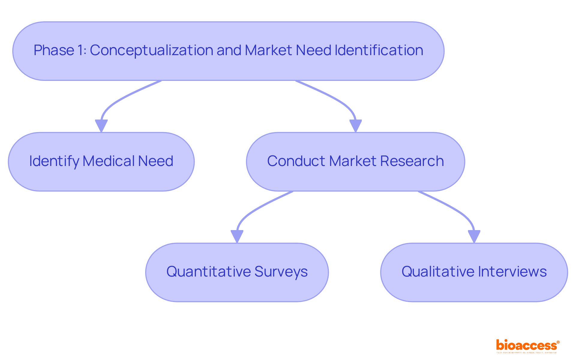 This flowchart outlines the steps in the first phase of product development. Start with identifying the medical need, then move to market research strategies, which include surveys and interviews. Each step is crucial for shaping the final product. This flowchart outlines the steps in the first phase of product development. Start with identifying the medical need, then move to market research strategies, which include surveys and interviews. Each step is crucial for shaping the final product.