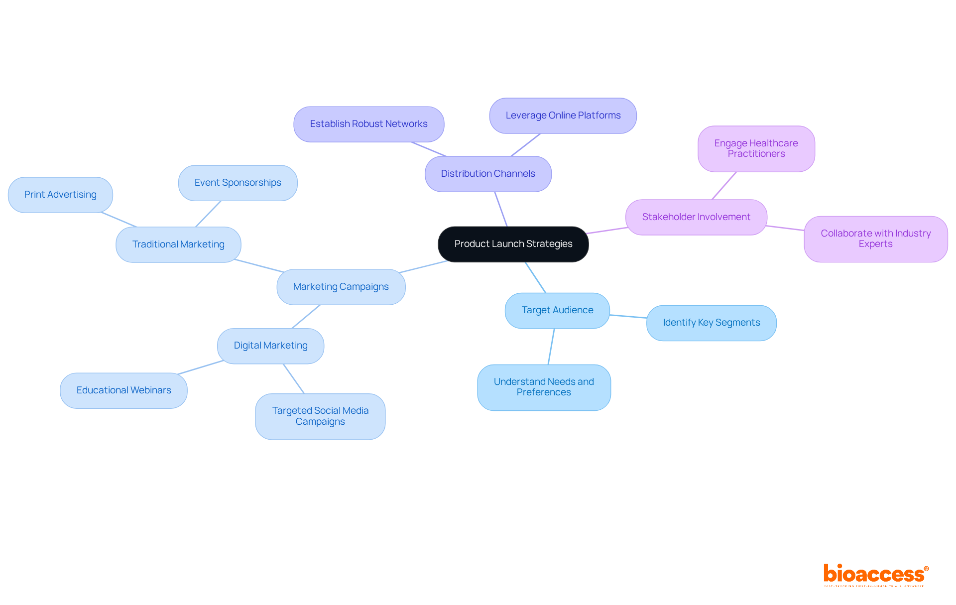 The central node represents the overall goal of launching a product. Each branch shows a key strategy, and the sub-branches provide specific actions or considerations related to that strategy. The central node represents the overall goal of launching a product. Each branch shows a key strategy, and the sub-branches provide specific actions or considerations related to that strategy.