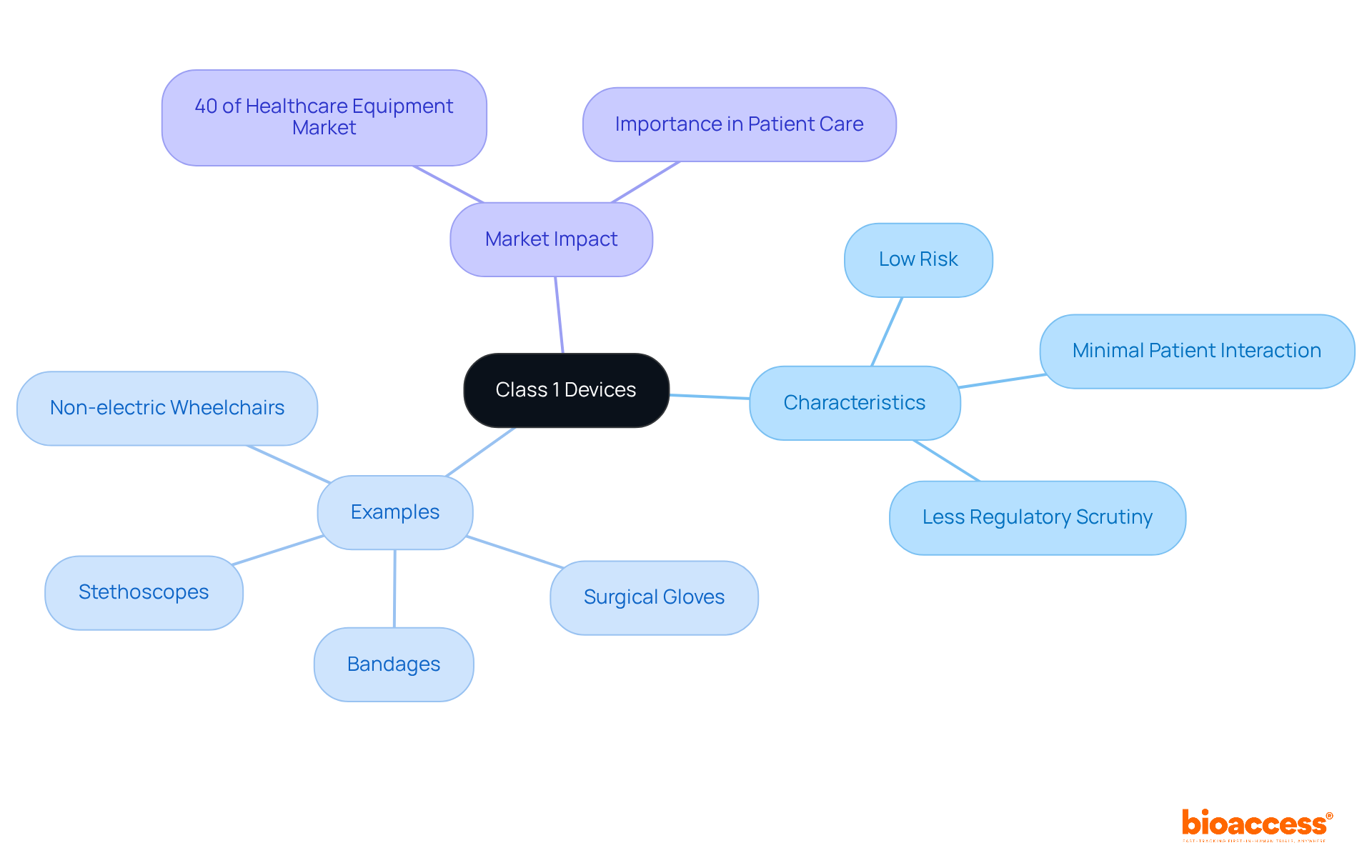 The central node represents Class 1 devices, with branches showing their key characteristics, examples of devices, and their market significance. Each color-coded branch helps you quickly identify different aspects of Class 1 devices.