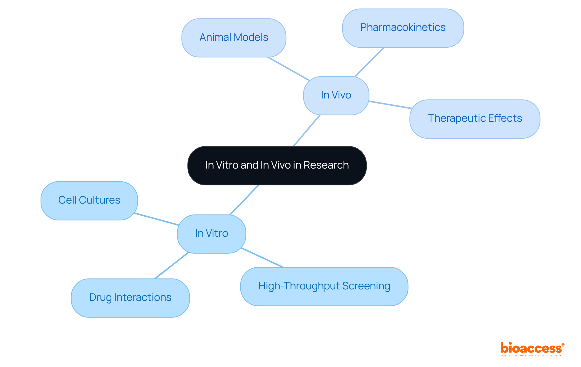 The central node represents the main topic, while the branches show the two methodologies and their specific applications. Each color-coded branch helps differentiate between in vitro and in vivo aspects, making it easier to understand their roles in drug development. The central node represents the main topic, while the branches show the two methodologies and their specific applications. Each color-coded branch helps differentiate between in vitro and in vivo aspects, making it easier to understand their roles in drug development.
