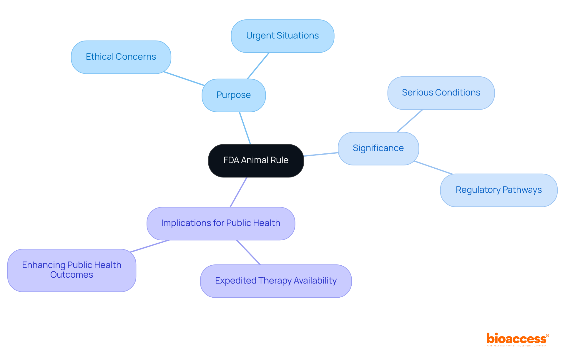 The central node represents the FDA Animal Rule, with branches showing its purpose, significance, and implications. Each branch provides insights into how this regulation impacts the approval process for critical therapies. The central node represents the FDA Animal Rule, with branches showing its purpose, significance, and implications. Each branch provides insights into how this regulation impacts the approval process for critical therapies.