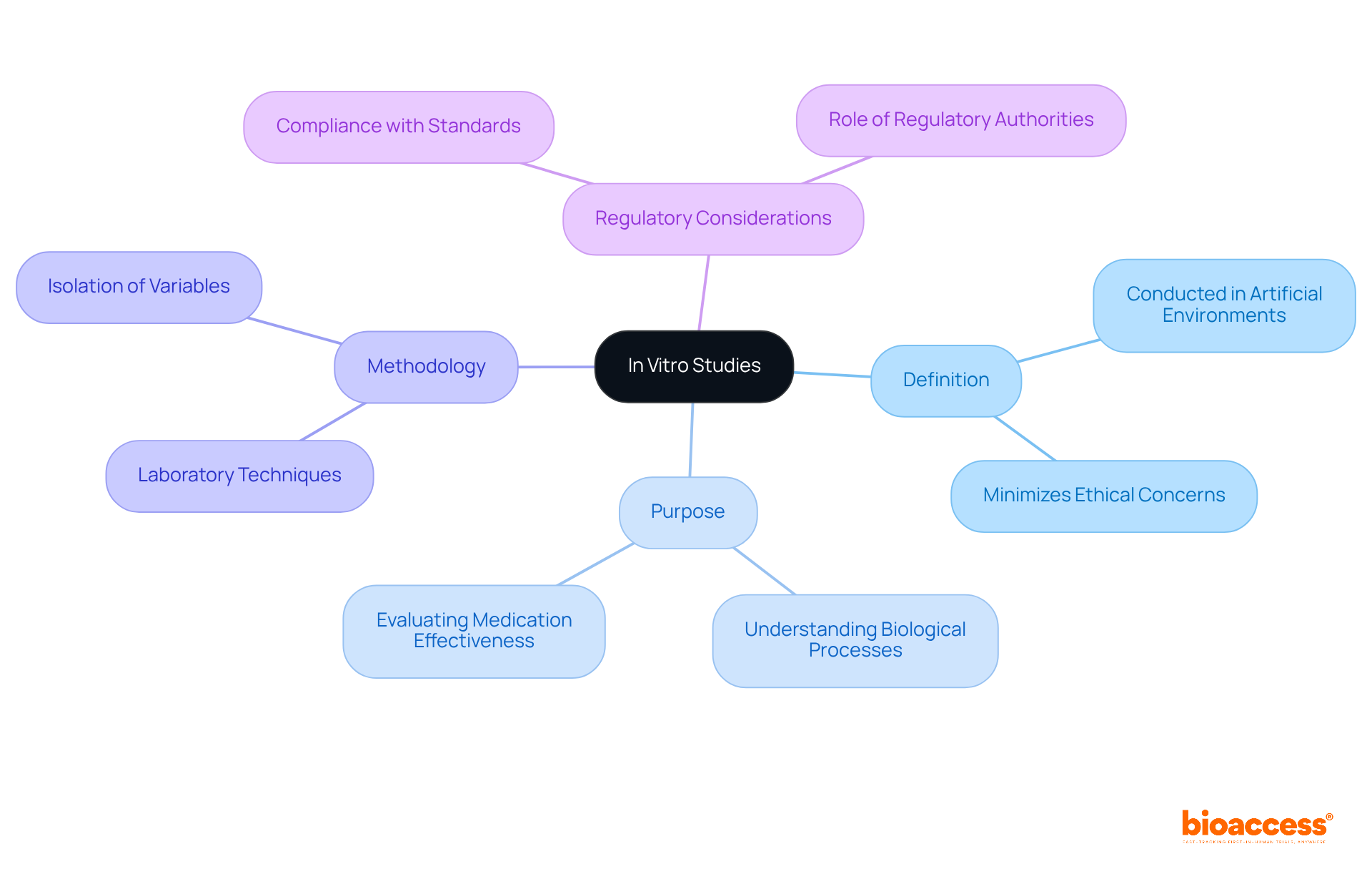 The central node represents the main topic of in vitro studies. Each branch highlights a key area of understanding, with sub-branches providing more detail. This layout helps you see how different aspects of in vitro studies connect and contribute to the overall concept.