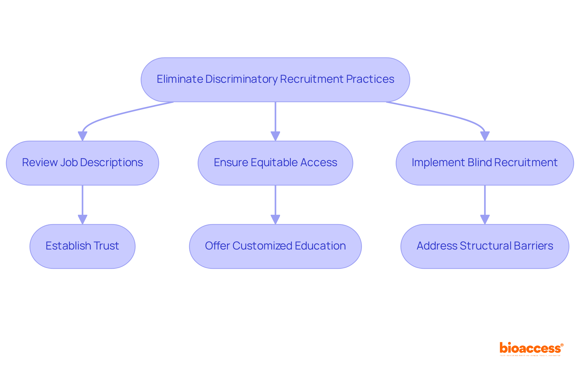 Each box represents a step or strategy in promoting fairness in hiring. Follow the arrows to see how these strategies connect and contribute to eliminating discrimination.
