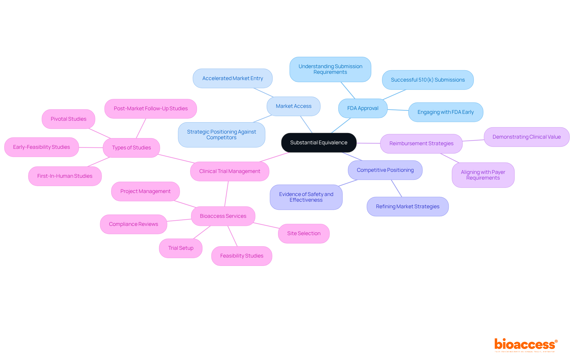 The central node represents the main concept of substantial equivalence, while the branches illustrate various implications and strategies that companies can explore to enhance their market presence and navigate regulatory challenges.
