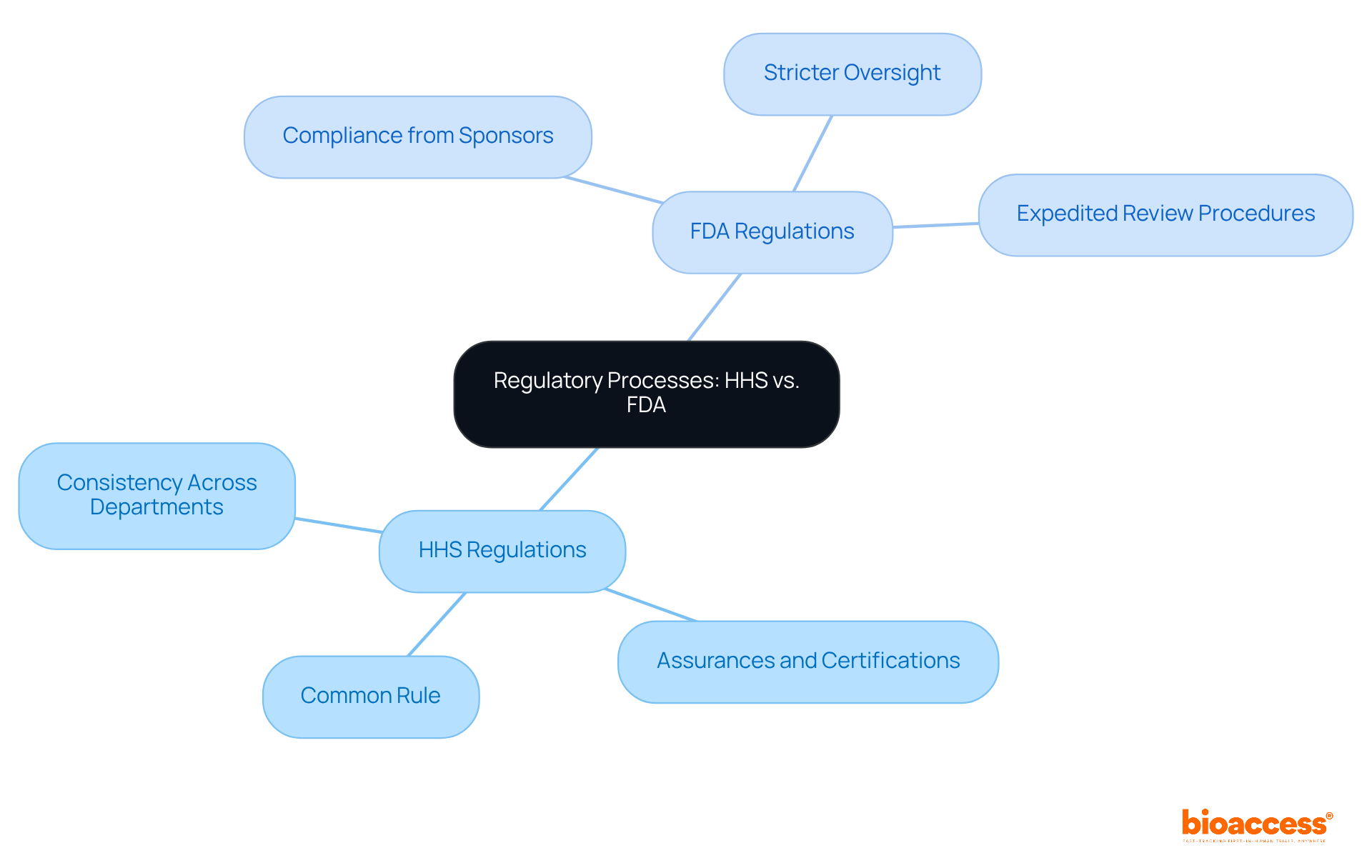 The central node represents the overall topic, while the branches show the key differences and focus areas of HHS and FDA regulations. Each sub-branch provides specific details that help clarify how each regulatory body operates.