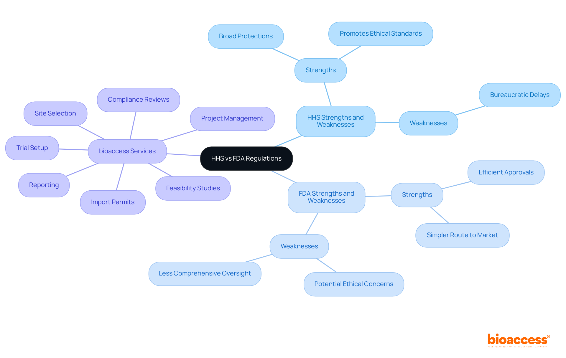The central node represents the comparison of HHS and FDA regulations. Each branch shows strengths and weaknesses of each regulation, while the services offered by bioaccess are listed separately, illustrating how they navigate these regulatory landscapes.