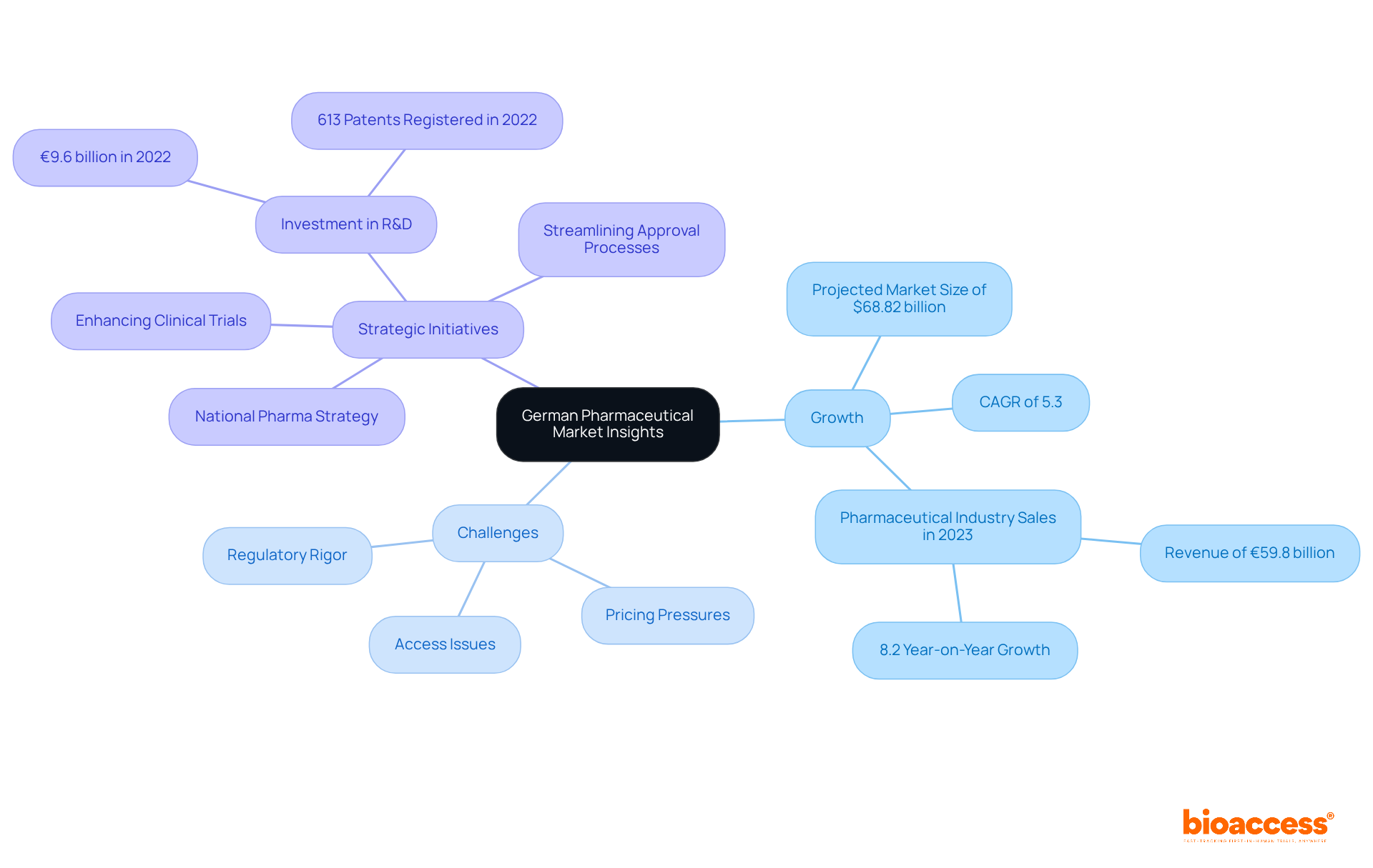 The central node represents the overall insights into the market, while the branches show key areas of focus: growth factors, challenges faced, and strategic initiatives being implemented.
