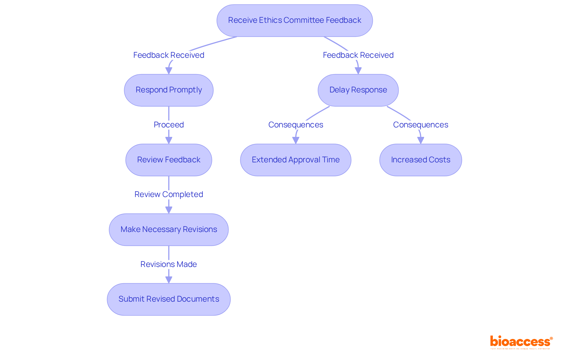 Follow the flow from receiving feedback to either responding promptly or delaying. Each step shows what actions to take or the consequences of delays, helping you understand the importance of timely responses.