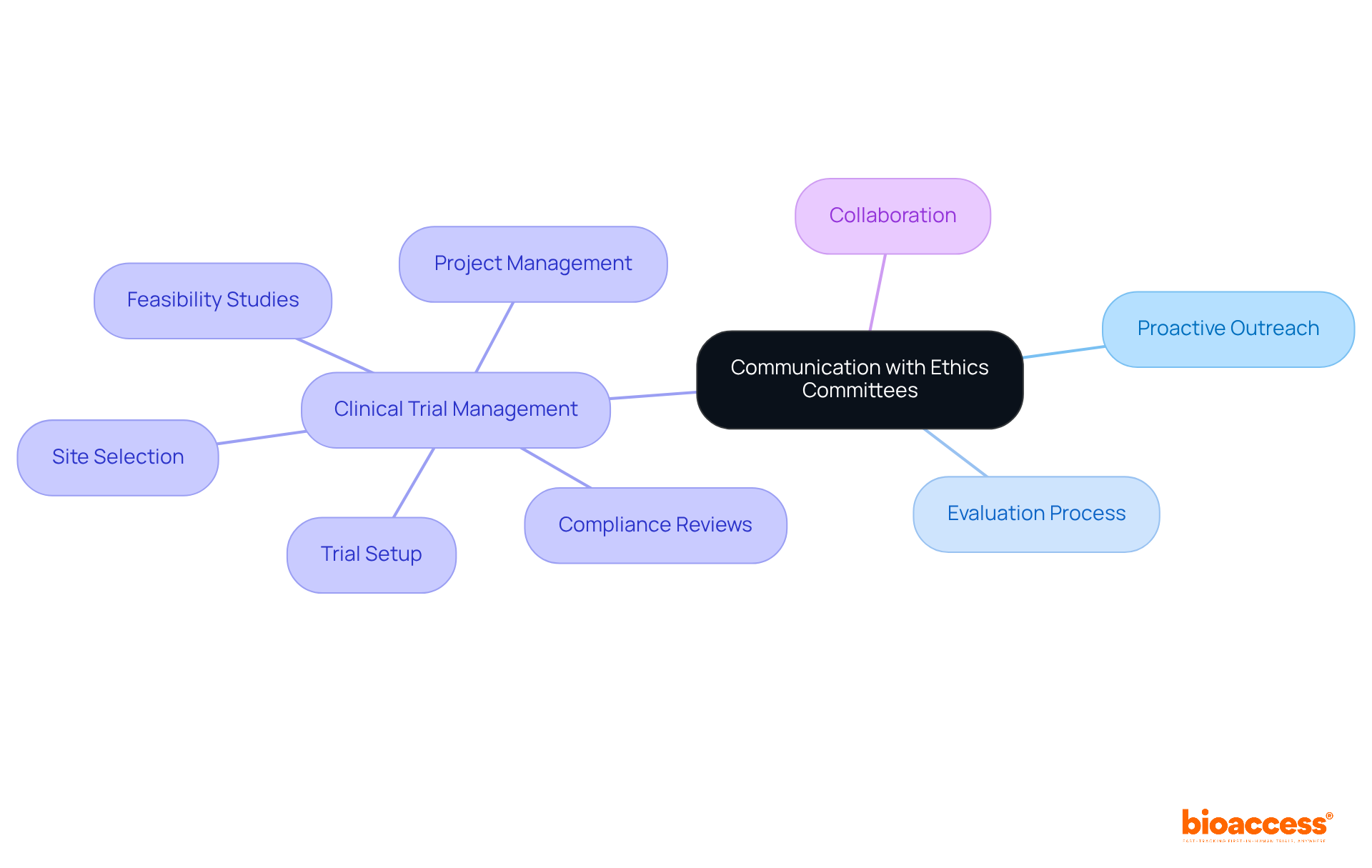 The central node represents the main theme of communication, while the branches show different aspects and benefits of maintaining open lines with ethics committees. Each color-coded branch highlights a specific area of focus.