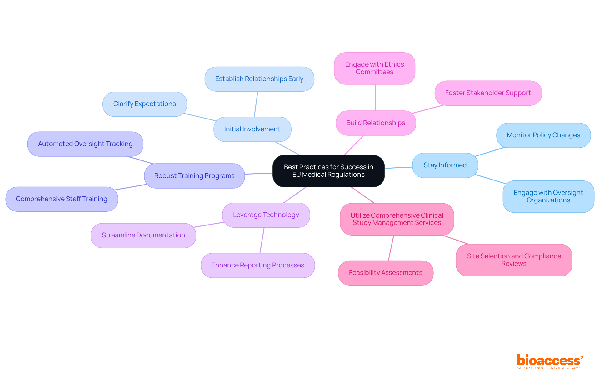 The central node represents the overall goal of successful navigation of EU regulations, while each branch highlights a specific practice. Sub-branches provide additional insights or actions related to each practice, making it easy to follow and understand.