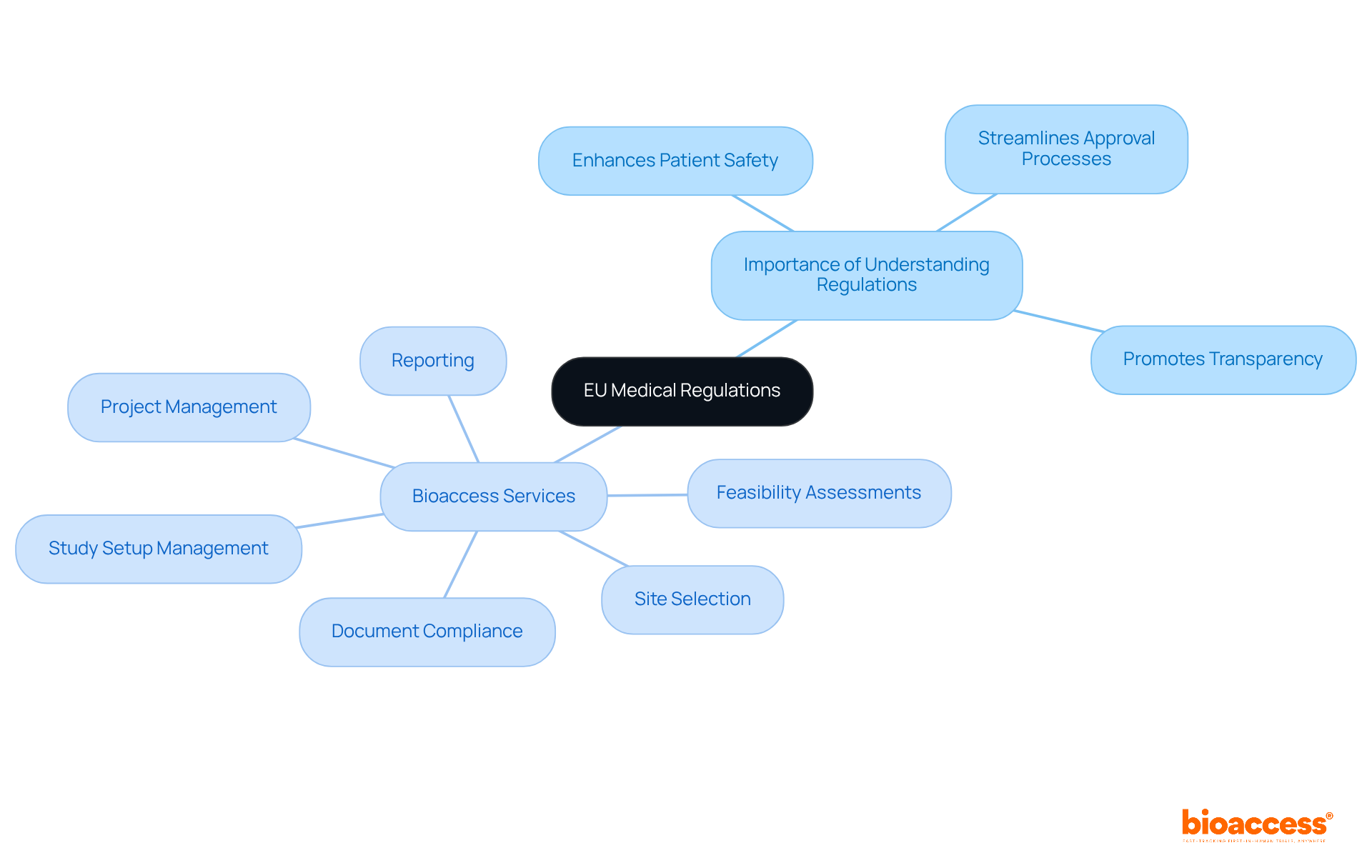 The central node represents the main topic, while branches show the importance of regulations and the specific services offered by Bioaccess. Each branch highlights key points that contribute to understanding and navigating the clinical research landscape.