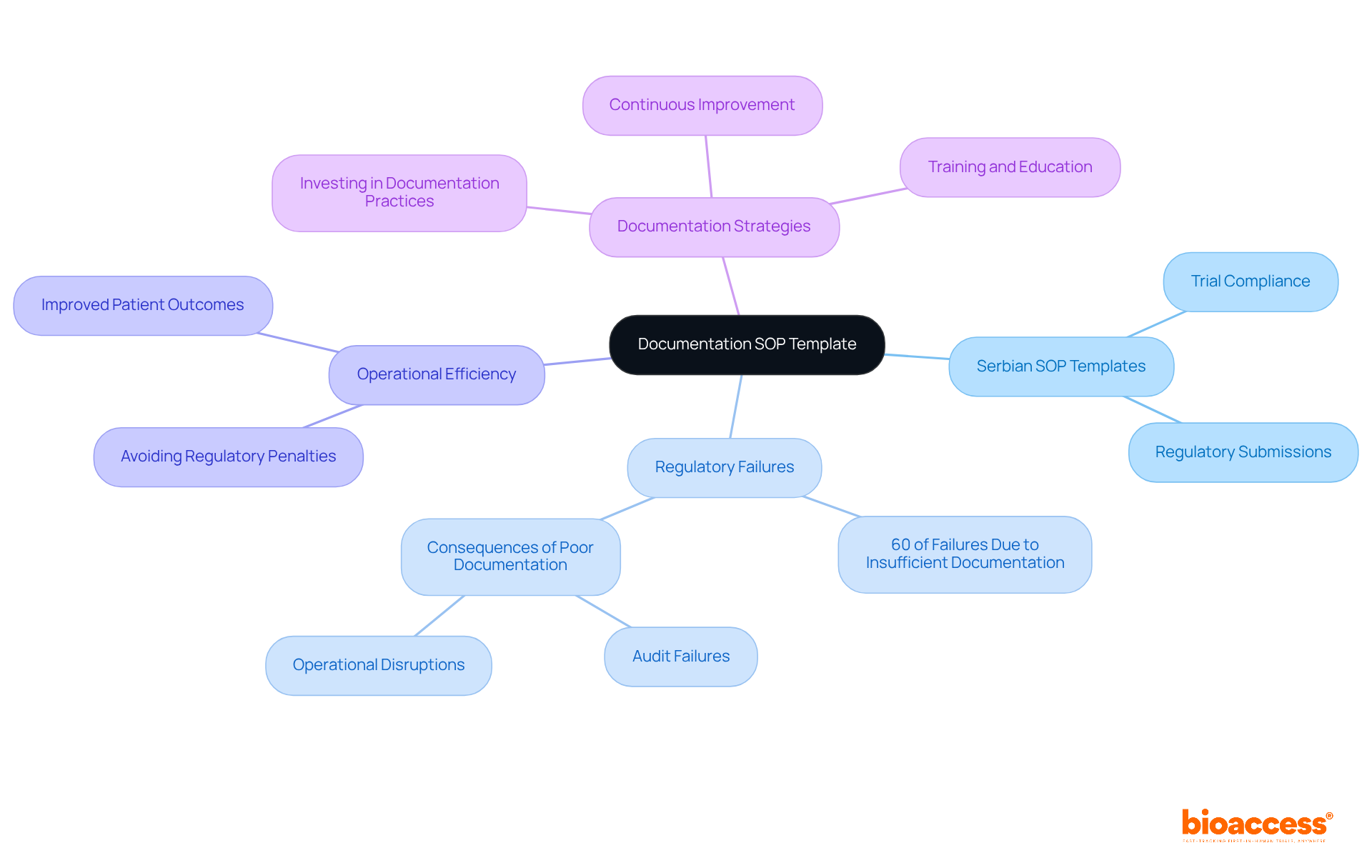 The central node represents the main topic, while the branches show related areas of focus. Each branch highlights important aspects of documentation practices and their impact on regulatory submissions.
