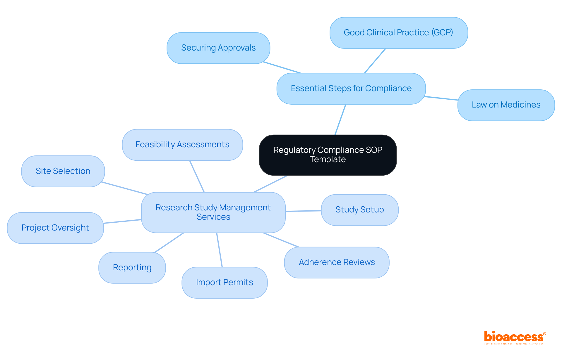 The central node represents the main topic of regulatory compliance, while the branches show the essential steps and services that support this process. Each color-coded branch helps you quickly identify different aspects of compliance.
