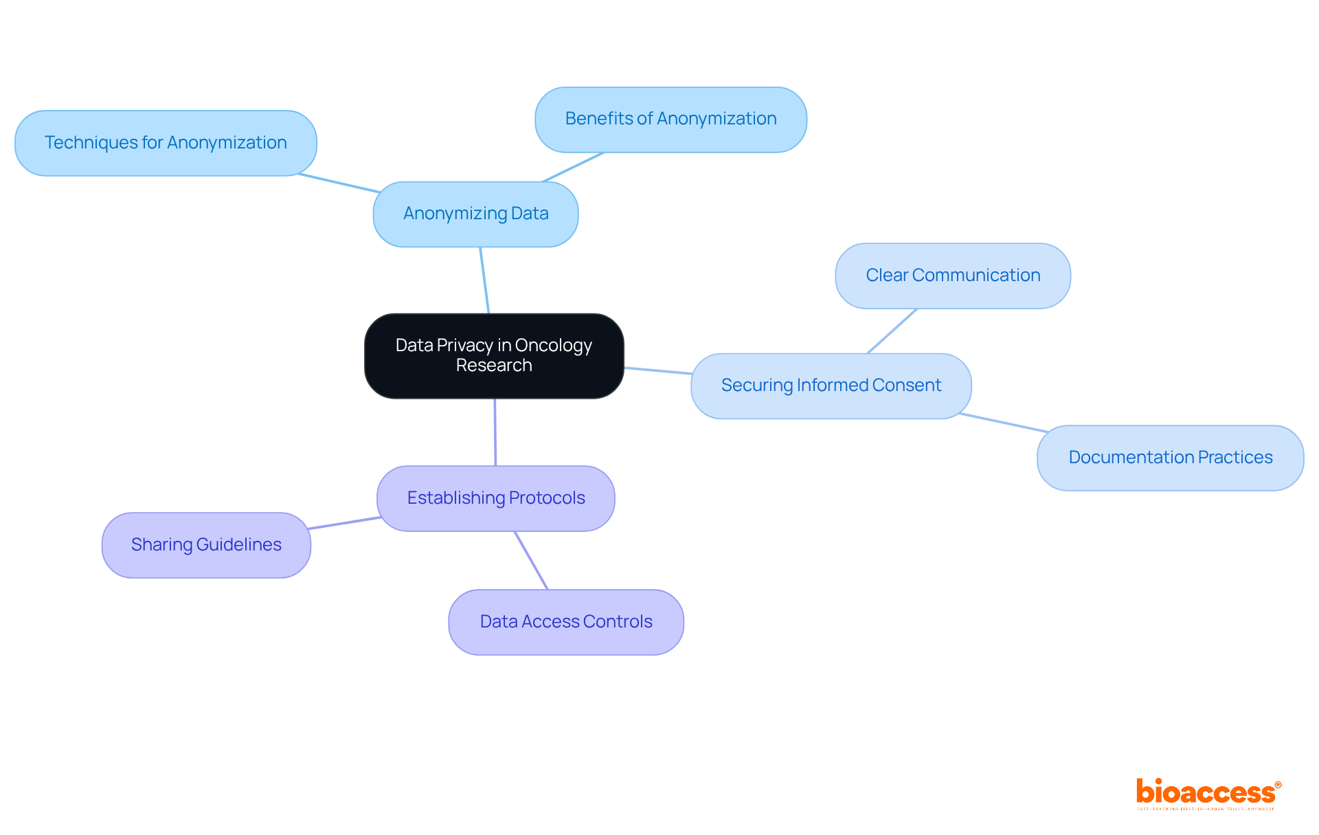 The central node represents the main topic of data privacy, while the branches show key strategies for protecting patient information. Each strategy is a vital part of ensuring trust and compliance in cancer research.