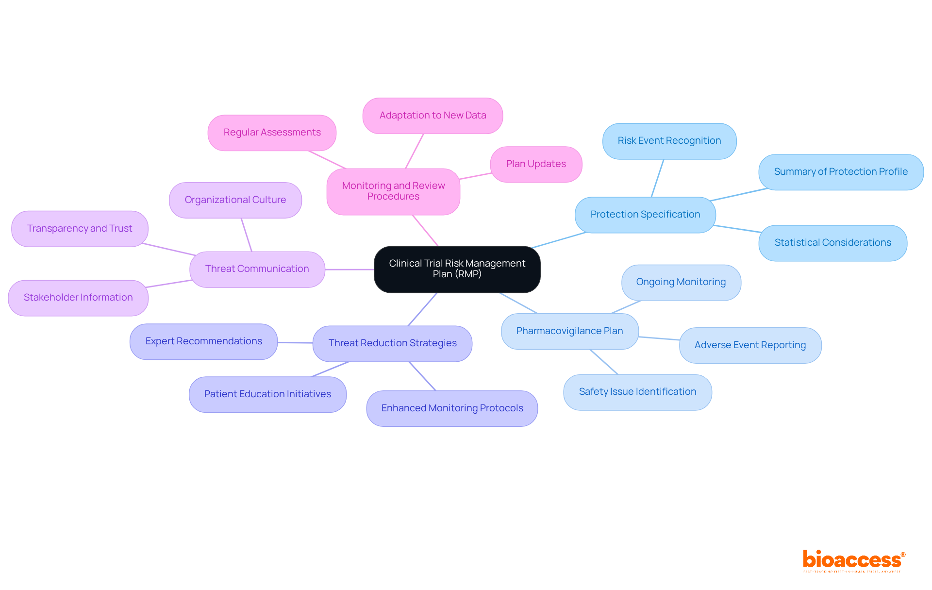 The central node represents the overall risk management plan, while each branch highlights a crucial component. Follow the branches to explore how each part contributes to the safety and efficacy of clinical trials.