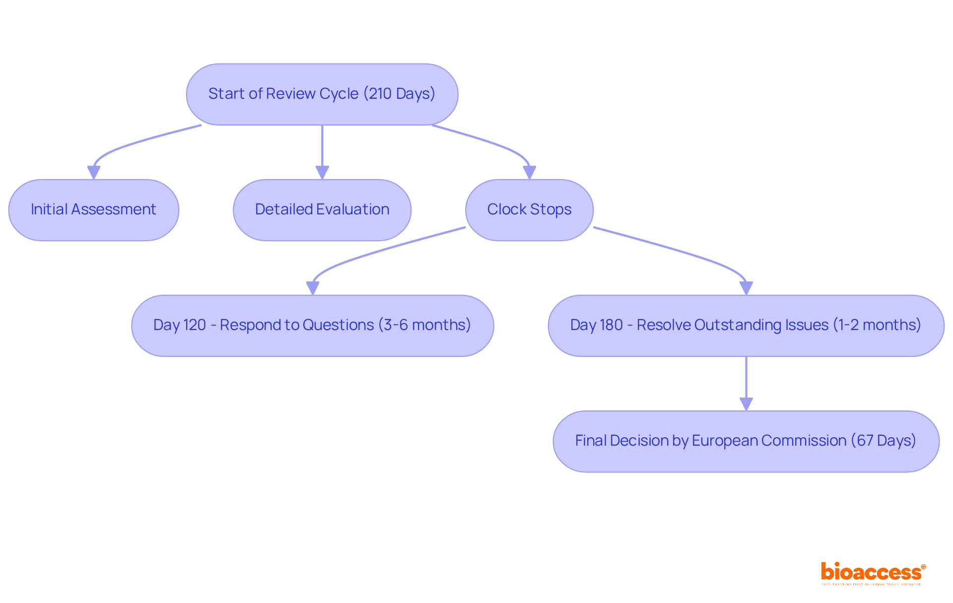 This flowchart shows the steps in the EMA's review cycle. Each box represents a stage in the process, and the arrows indicate the flow from one step to the next. The clock stops are critical points where applicants can respond to inquiries, and the final decision box shows the time taken by the European Commission. This flowchart shows the steps in the EMA's review cycle. Each box represents a stage in the process, and the arrows indicate the flow from one step to the next. The clock stops are critical points where applicants can respond to inquiries, and the final decision box shows the time taken by the European Commission.