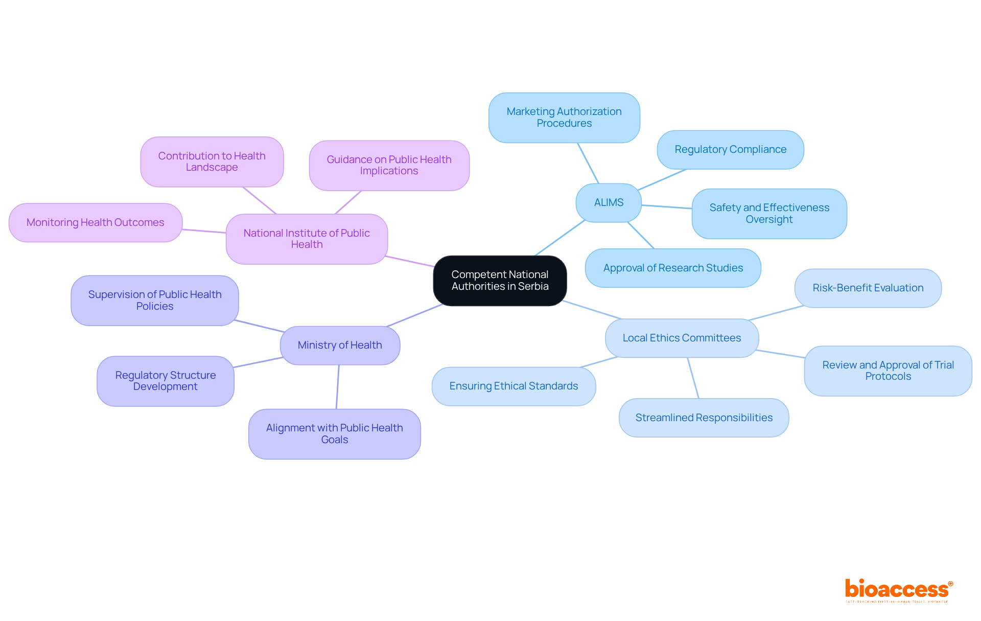 The central node represents the main topic, while each branch shows a different authority involved in clinical research. The sub-branches explain what each authority does, helping you understand their contributions to the research process.