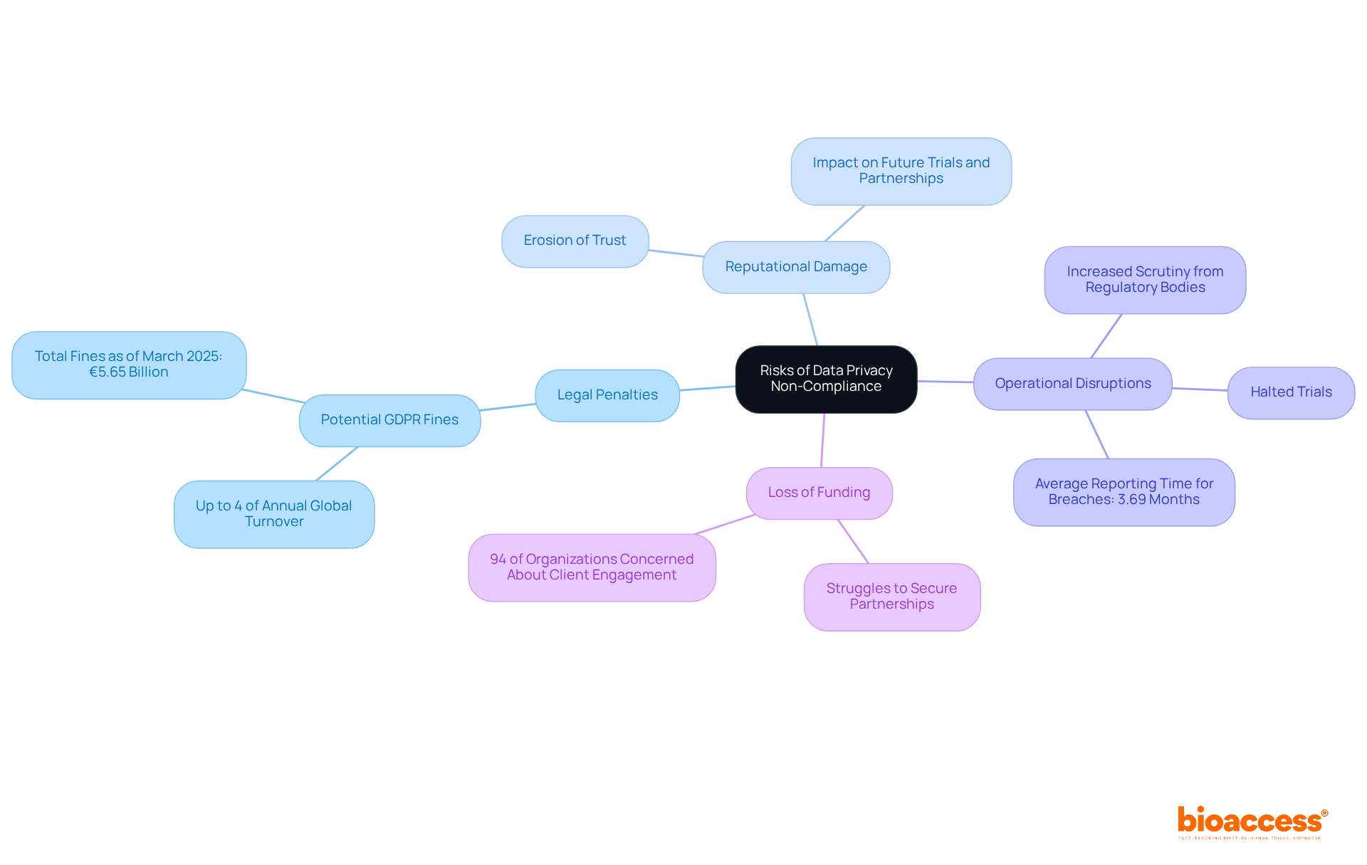 The central node represents the overall theme of risks, while each branch highlights a specific risk area. The sub-branches provide detailed insights and statistics related to each risk, helping you understand the broader implications of non-compliance.