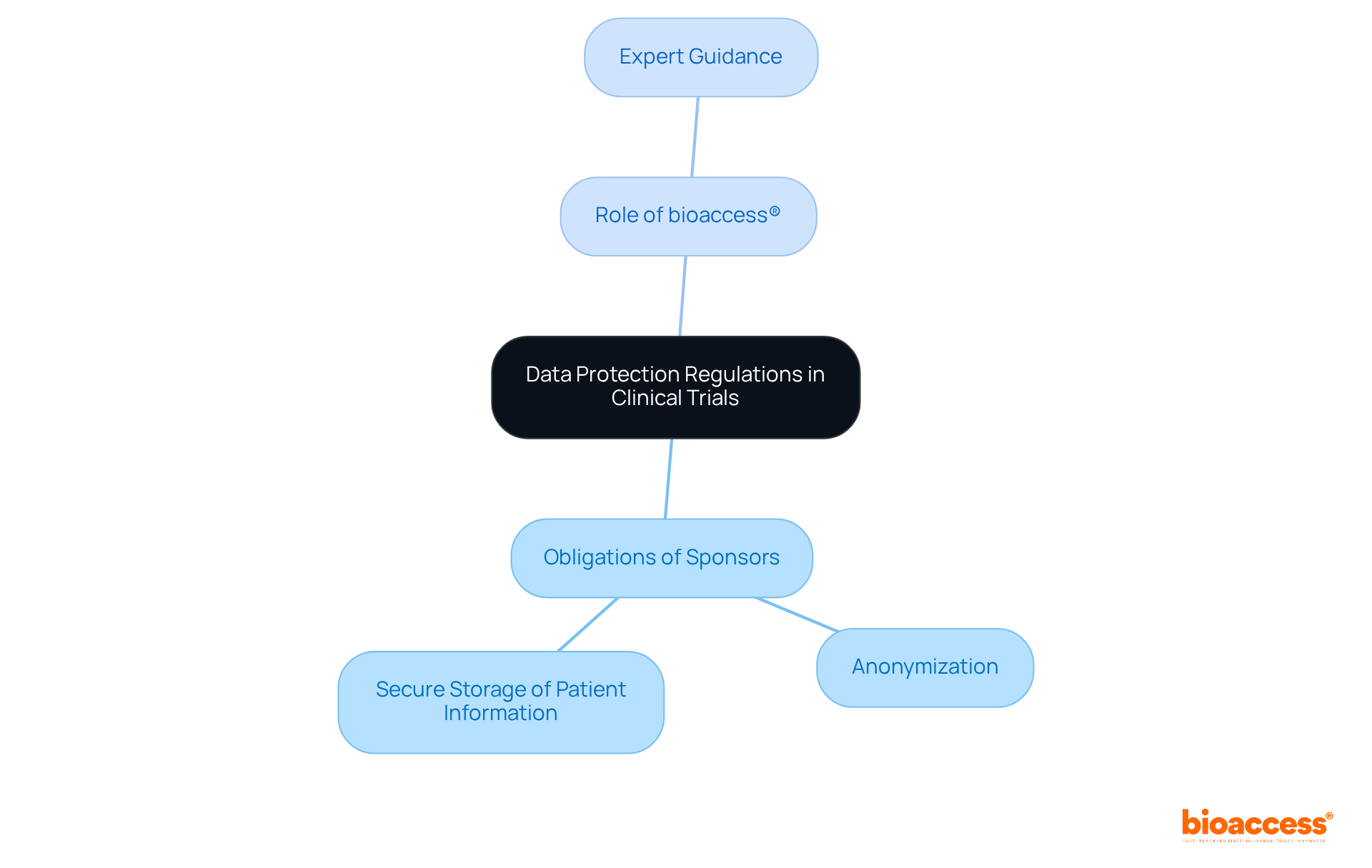 The central node represents the main topic of data protection regulations, while the branches illustrate the specific obligations of sponsors and the supportive role of bioaccess®. Each branch helps clarify how these elements connect to the overarching theme. The central node represents the main topic of data protection regulations, while the branches illustrate the specific obligations of sponsors and the supportive role of bioaccess®. Each branch helps clarify how these elements connect to the overarching theme.