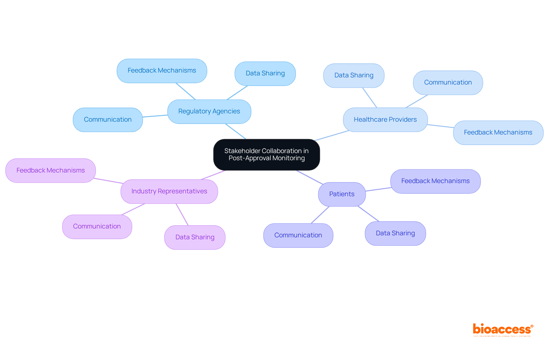 The central node represents the main theme of collaboration, while the branches show different stakeholders and their contributions. Each color-coded branch helps you understand how these groups work together to ensure effective oversight.