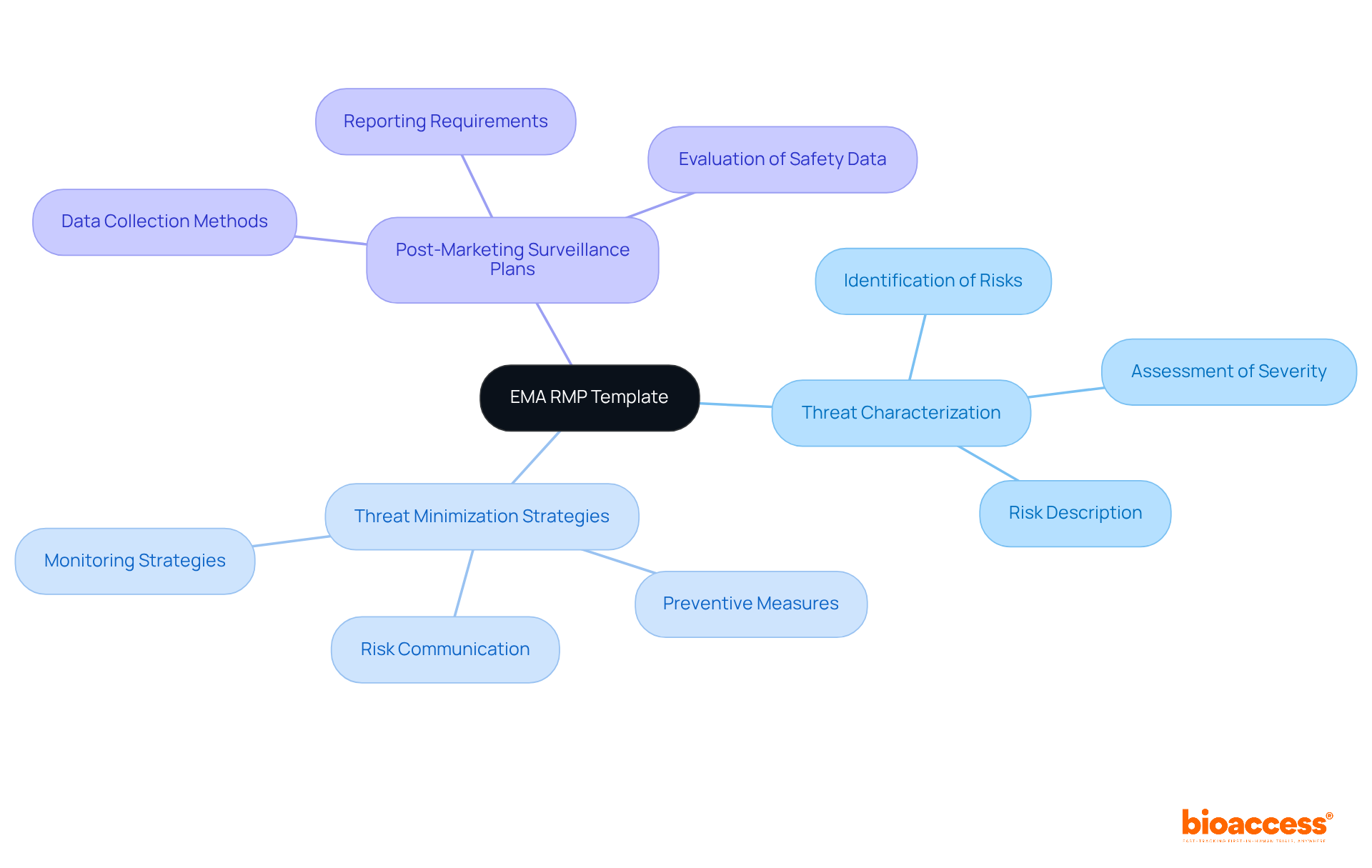 The central node represents the EMA RMP Template, while the branches show the key sections that make up the risk management plan. Each section is crucial for understanding how to effectively manage risks in the context of biologics.