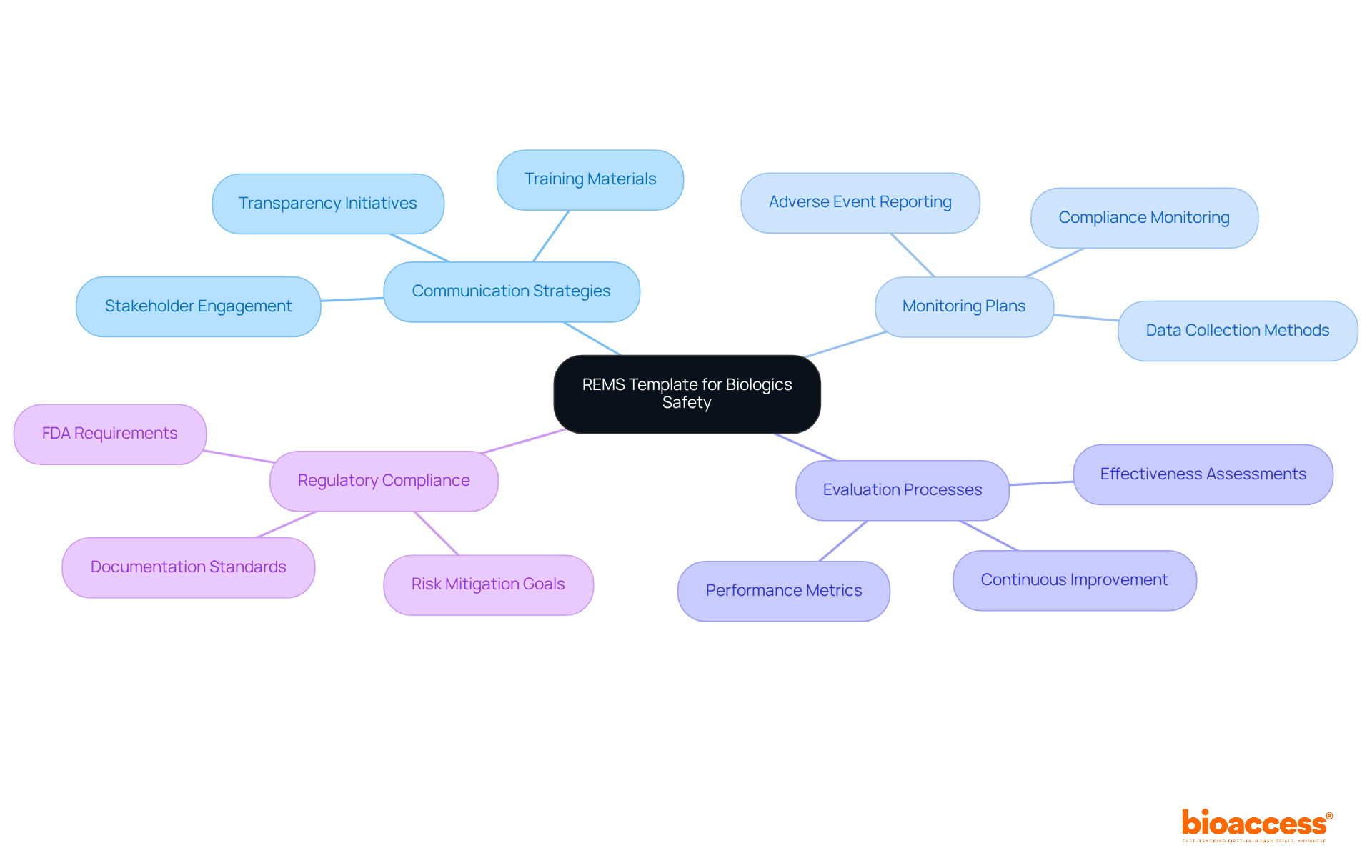 The central node represents the REMS Template, while the branches show the essential strategies and components that contribute to biologics safety. Each branch highlights a critical area of focus, helping you understand how they all work together.