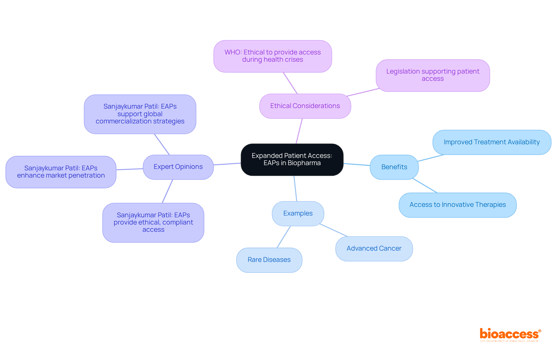 The central node represents the main topic of EAPs, while the branches show different aspects related to patient access and treatment availability. Each branch highlights important points, making it easy to understand how EAPs function and their significance in healthcare.