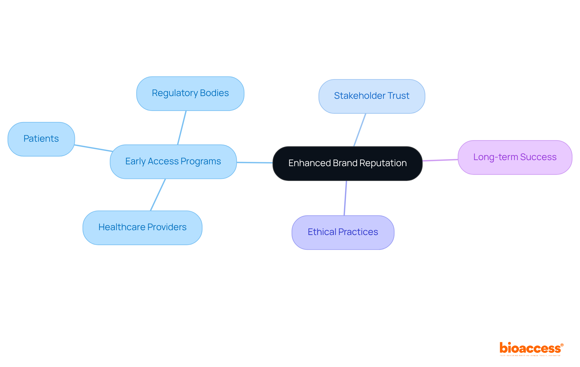 The central node represents the main idea of brand reputation. Each branch shows how different aspects contribute to building trust with stakeholders. Follow the branches to see how early access programs and ethical practices play a role in enhancing reputation.