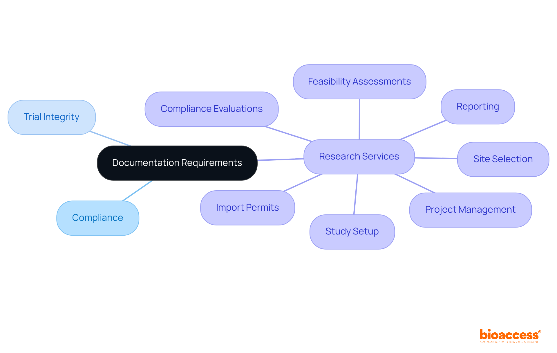 The central node represents the importance of documentation in clinical research, while the branches show the specific services that help ensure compliance and integrity. Each service is a vital part of the overall process.