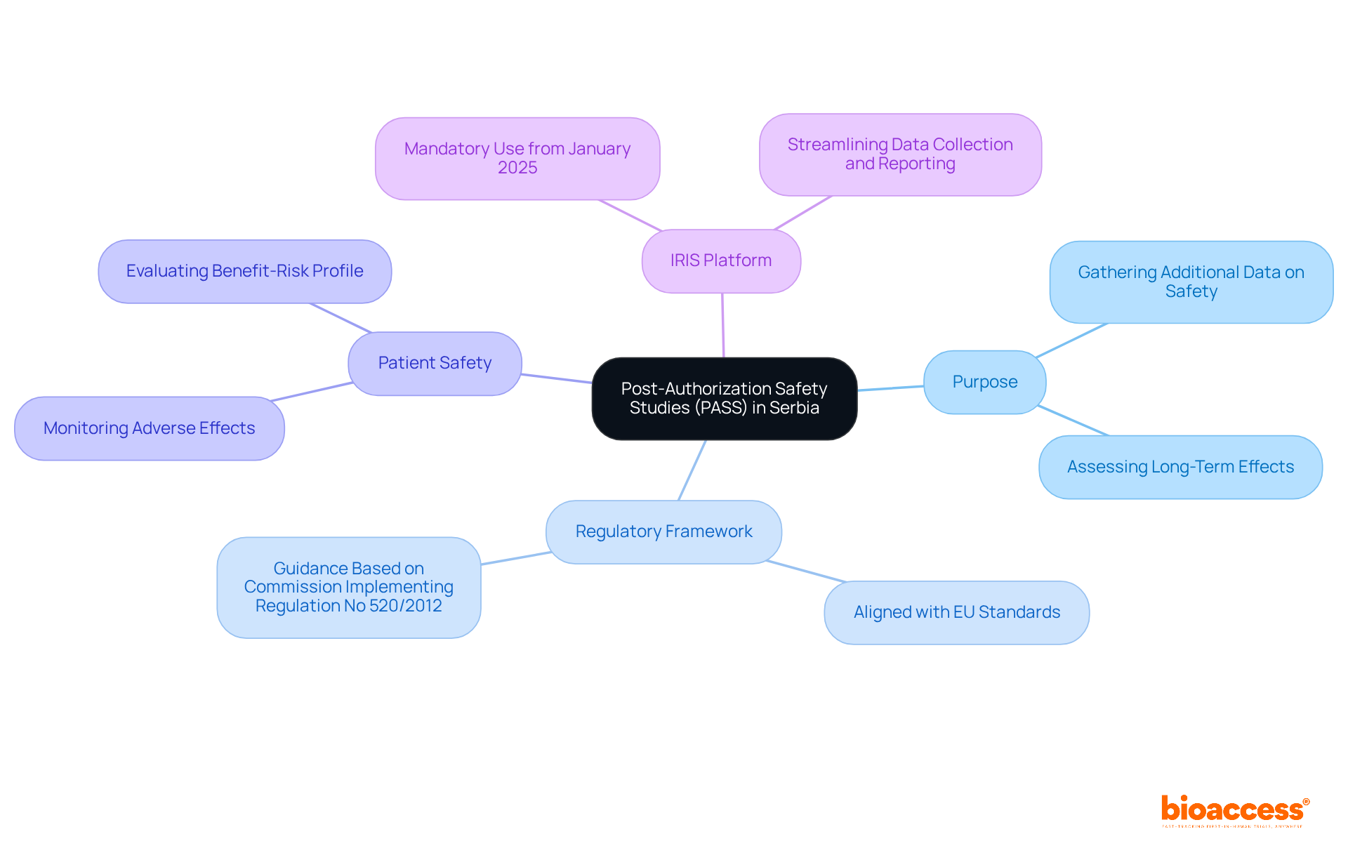 The central node represents PASS, with branches showing its purpose, regulatory aspects, patient safety initiatives, and the IRIS platform. Each branch provides more detail, helping you understand how these elements connect.