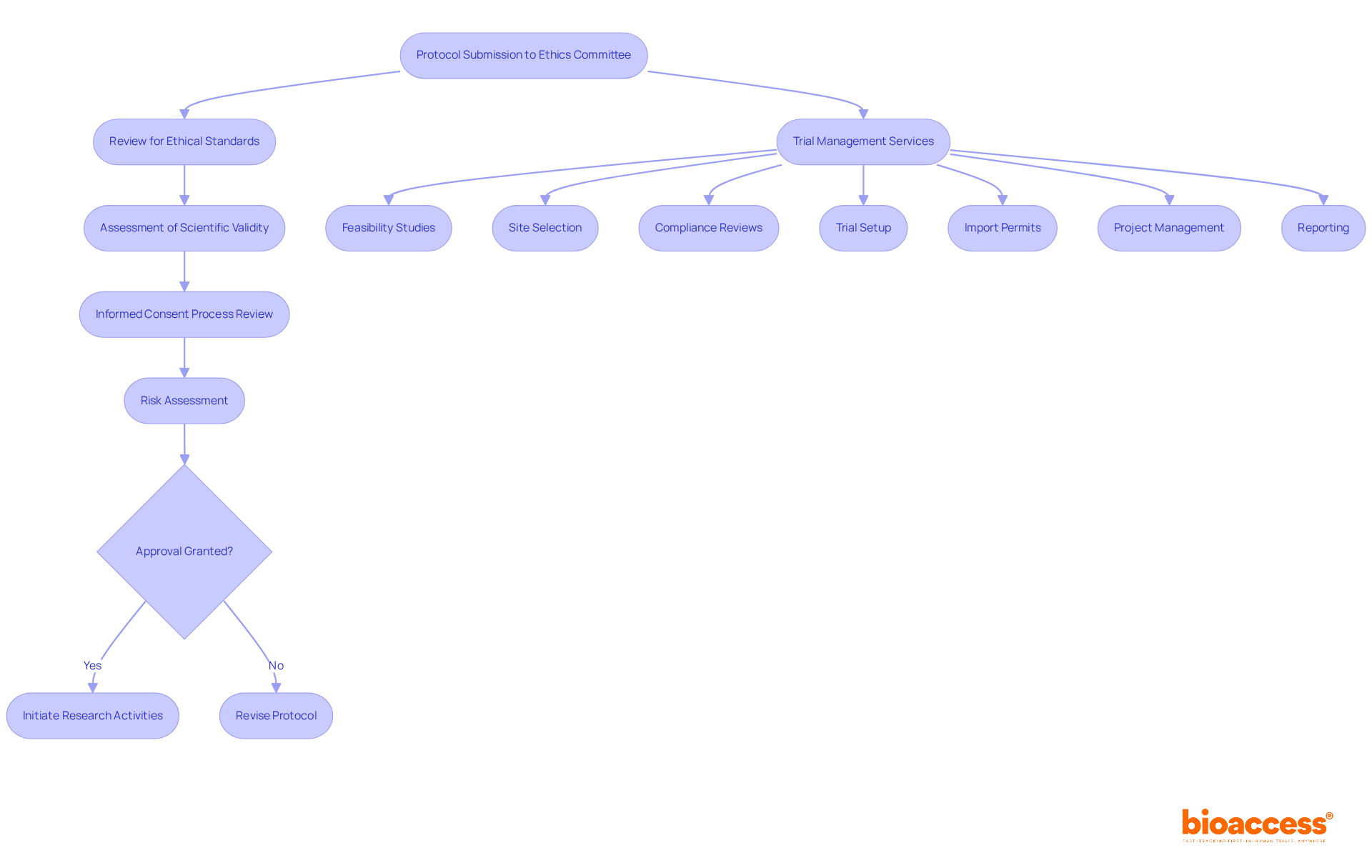 This flowchart outlines the steps researchers must follow to get their clinical trial protocols approved by ethics committees. Each box represents a stage in the process, and the arrows show the flow from one step to the next. The side box highlights the support services that can help streamline this process. This flowchart outlines the steps researchers must follow to get their clinical trial protocols approved by ethics committees. Each box represents a stage in the process, and the arrows show the flow from one step to the next. The side box highlights the support services that can help streamline this process.
